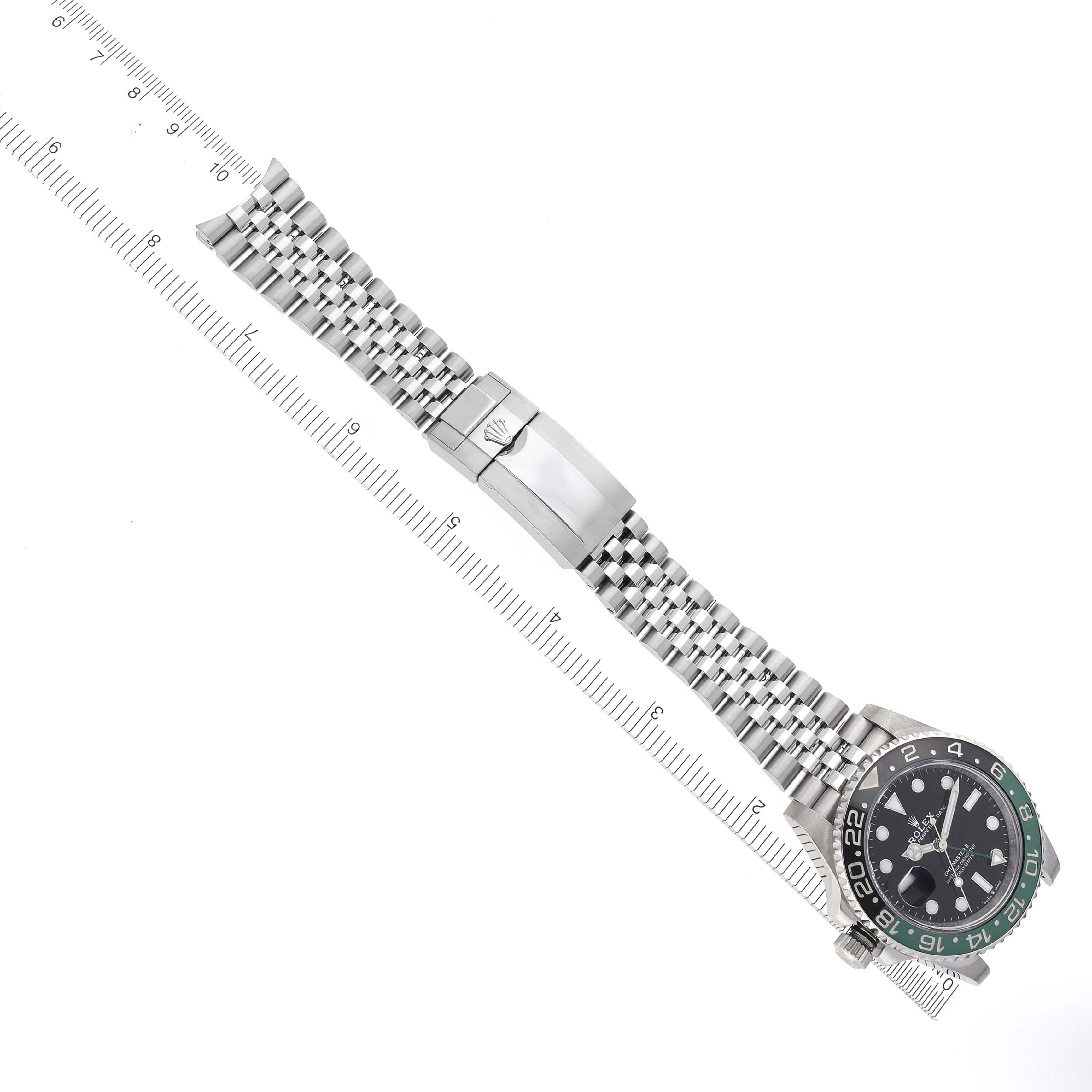 The image shows a top view of the Rolex GMT-Master 126720 Men's Stainless Steel Black Dial 126720 Men's Stainless Steel Black Dial watch, focusing on the face, bezel, and bracelet.