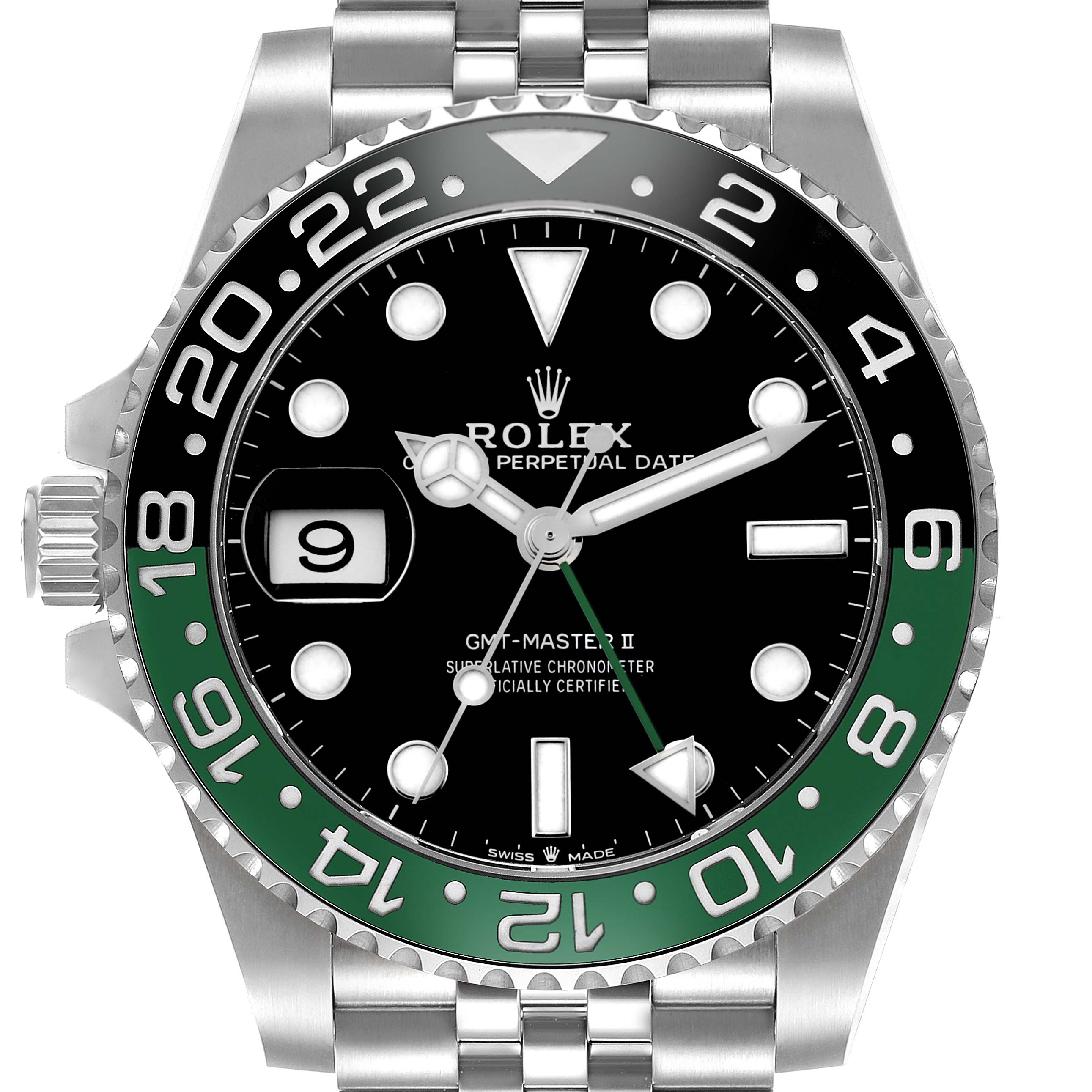 The Rolex GMT-Master 126720 Men's Stainless Steel Black Dial 126720 Men's Stainless Steel Black Dial watch is shown from the front, displaying the dial, bezel, crown, and part of the bracelet.