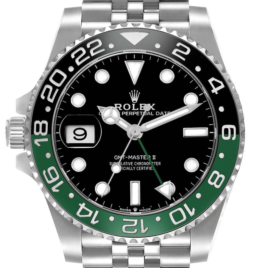 The Rolex GMT-Master watch is shown from the front, displaying the dial, bezel, crown, and part of the bracelet.