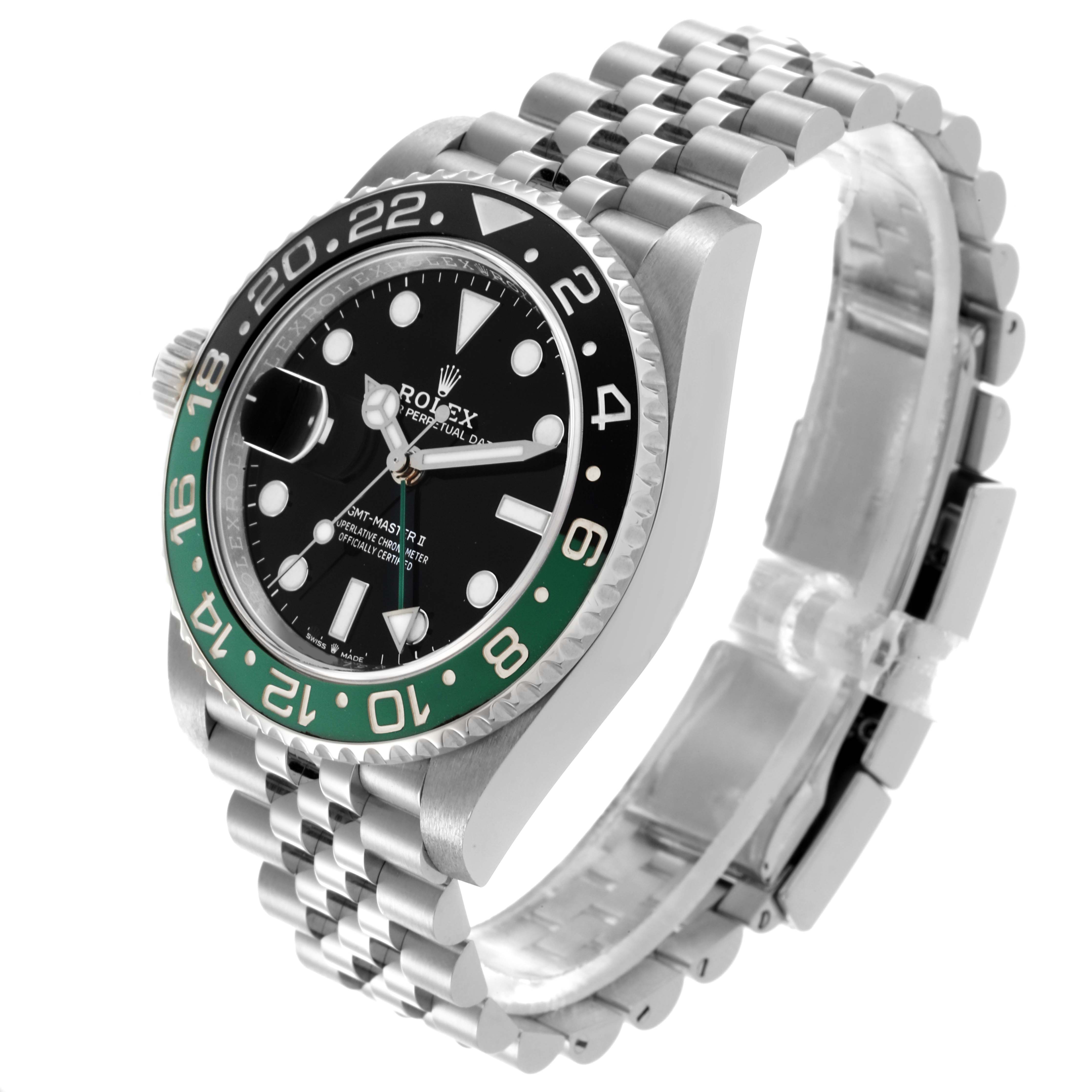 The Rolex GMT-Master 126720 Men's Stainless Steel Black Dial 126720 Men's Stainless Steel Black Dial watch is shown from a three-quarter angle, highlighting the bezel, dial, and bracelet.