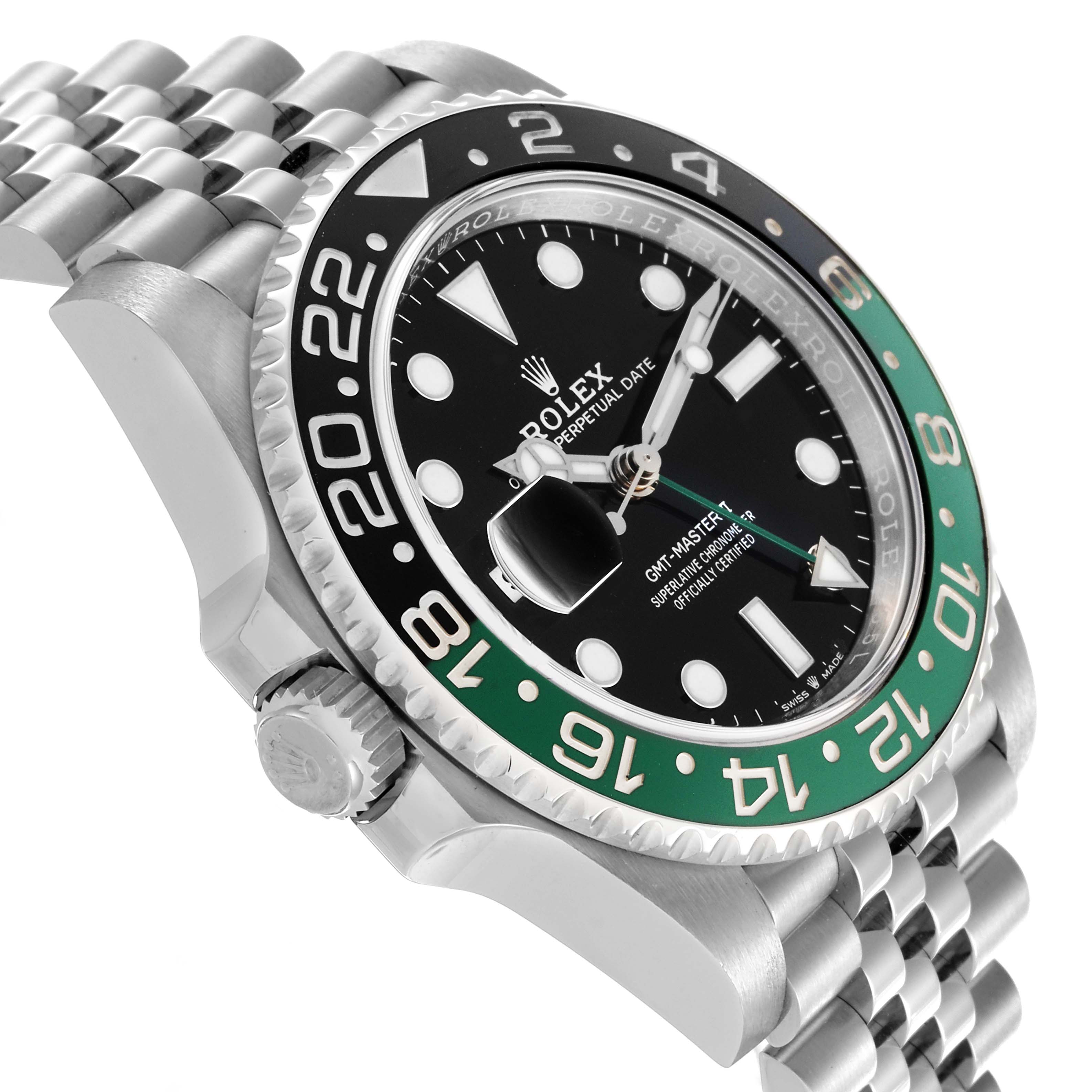 The Rolex GMT-Master 126720 Men's Stainless Steel Black Dial 126720 Men's Stainless Steel Black Dial watch is shown at a tilted angle, displaying the face, crown, bezel, and part of the bracelet.