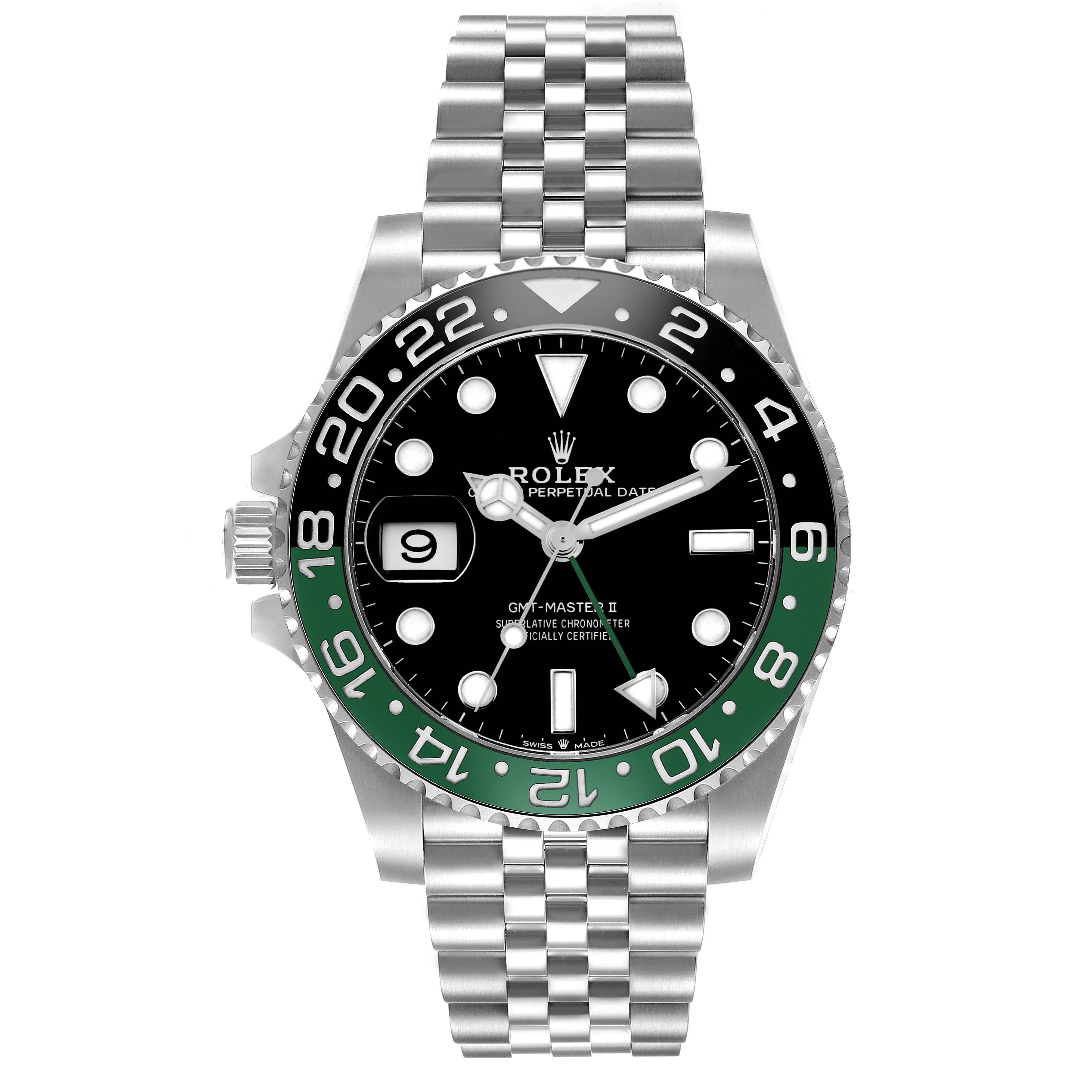 The Rolex GMT-Master 126720 Men's Stainless Steel Black Dial 126720 Men's Stainless Steel Black Dial watch is shown from a front angle, highlighting the dial, bezel, and Jubilee bracelet.