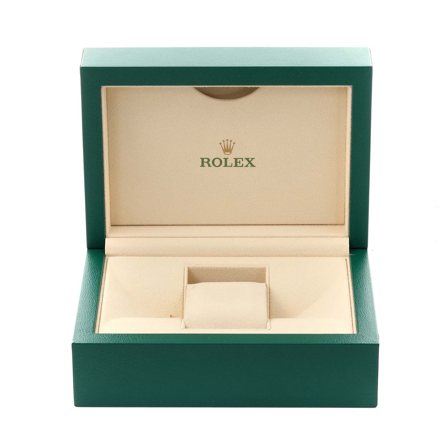 The image shows an empty Rolex GMT-Master 126720 Men's Stainless Steel Black Dial 126720 Men's Stainless Steel Black Dial watch box, open with a green exterior and beige interior.