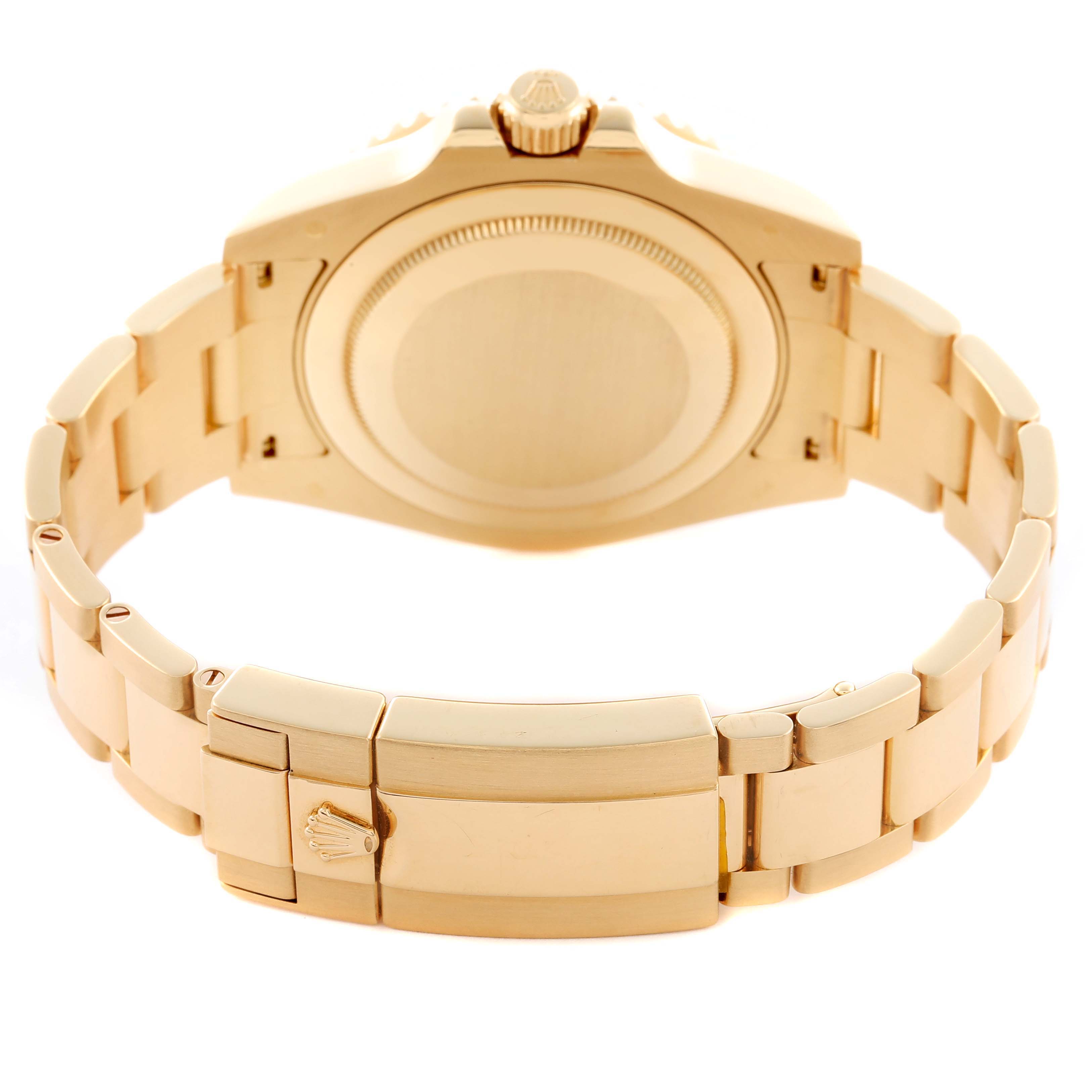 The image shows the back view of a Rolex GMT-Master 116718 Men's Yellow Gold Green Dial 116718 Men's Yellow Gold Green Dial, highlighting the clasp and bracelet.