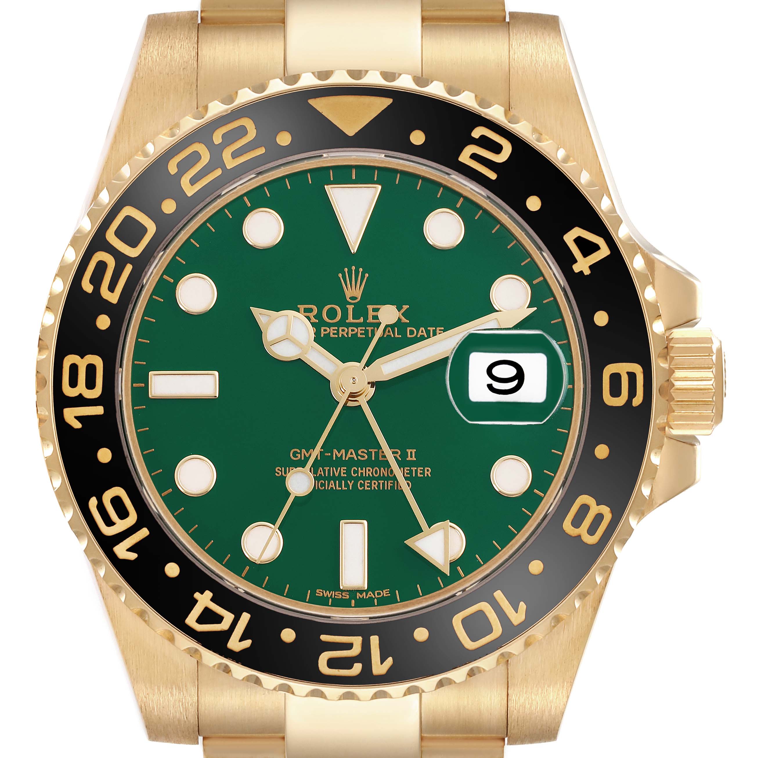 This image shows a front view of the Rolex GMT-Master 116718 Men's Yellow Gold Green Dial 116718 Men's Yellow Gold Green Dial II watch, detailing its green dial and black bezel.