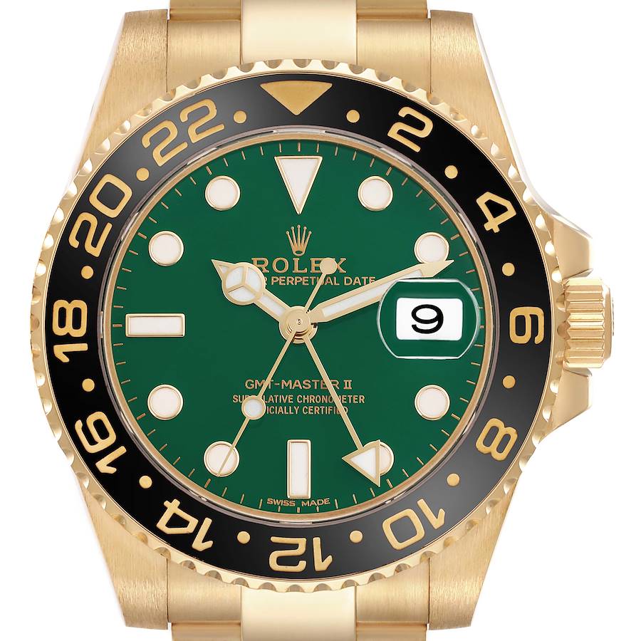 This image shows a front view of the Rolex GMT-Master II watch, detailing its green dial and black bezel.