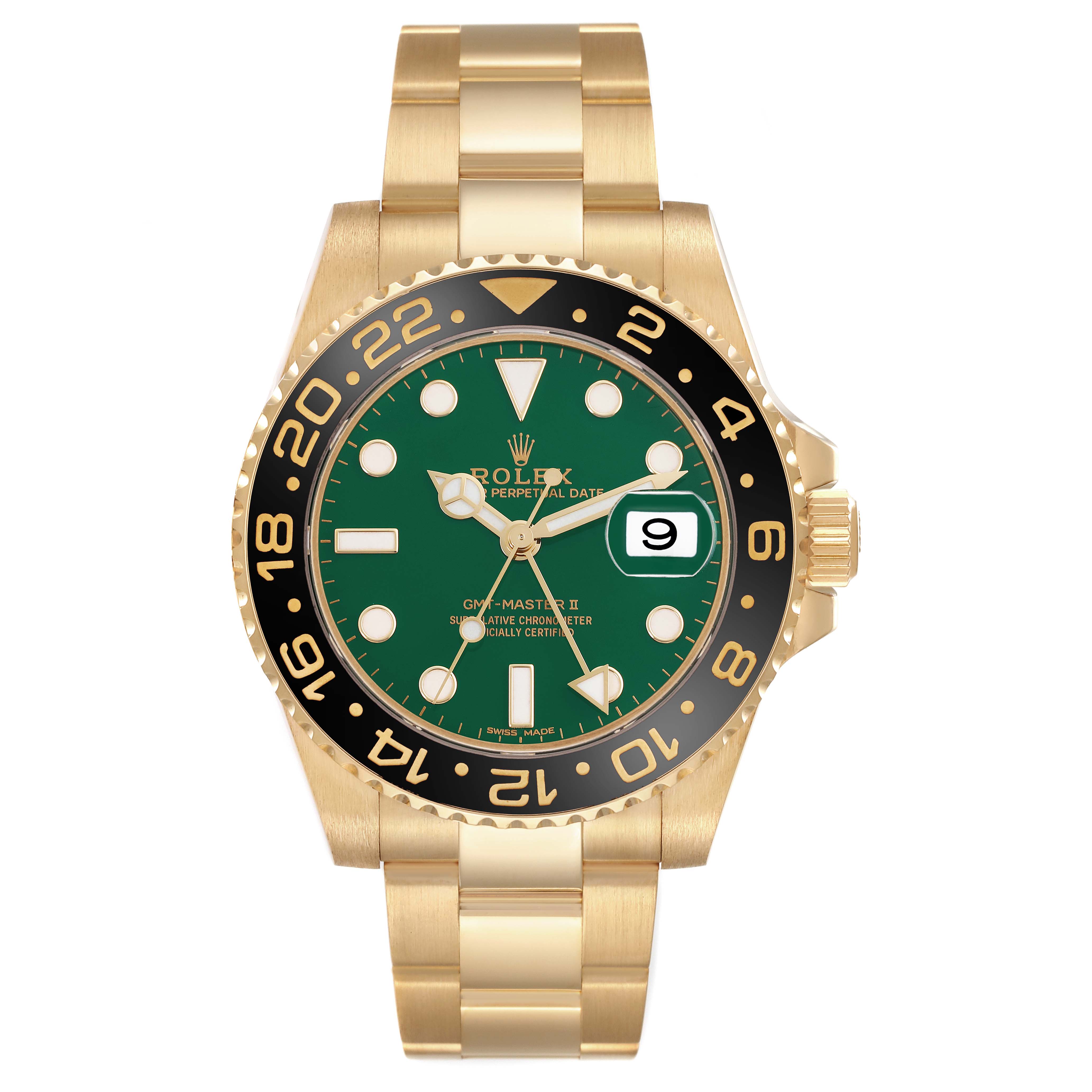 The Rolex GMT-Master 116718 Men's Yellow Gold Green Dial 116718 Men's Yellow Gold Green Dial watch is shown from the front, highlighting its green dial, gold case, and bracelet.