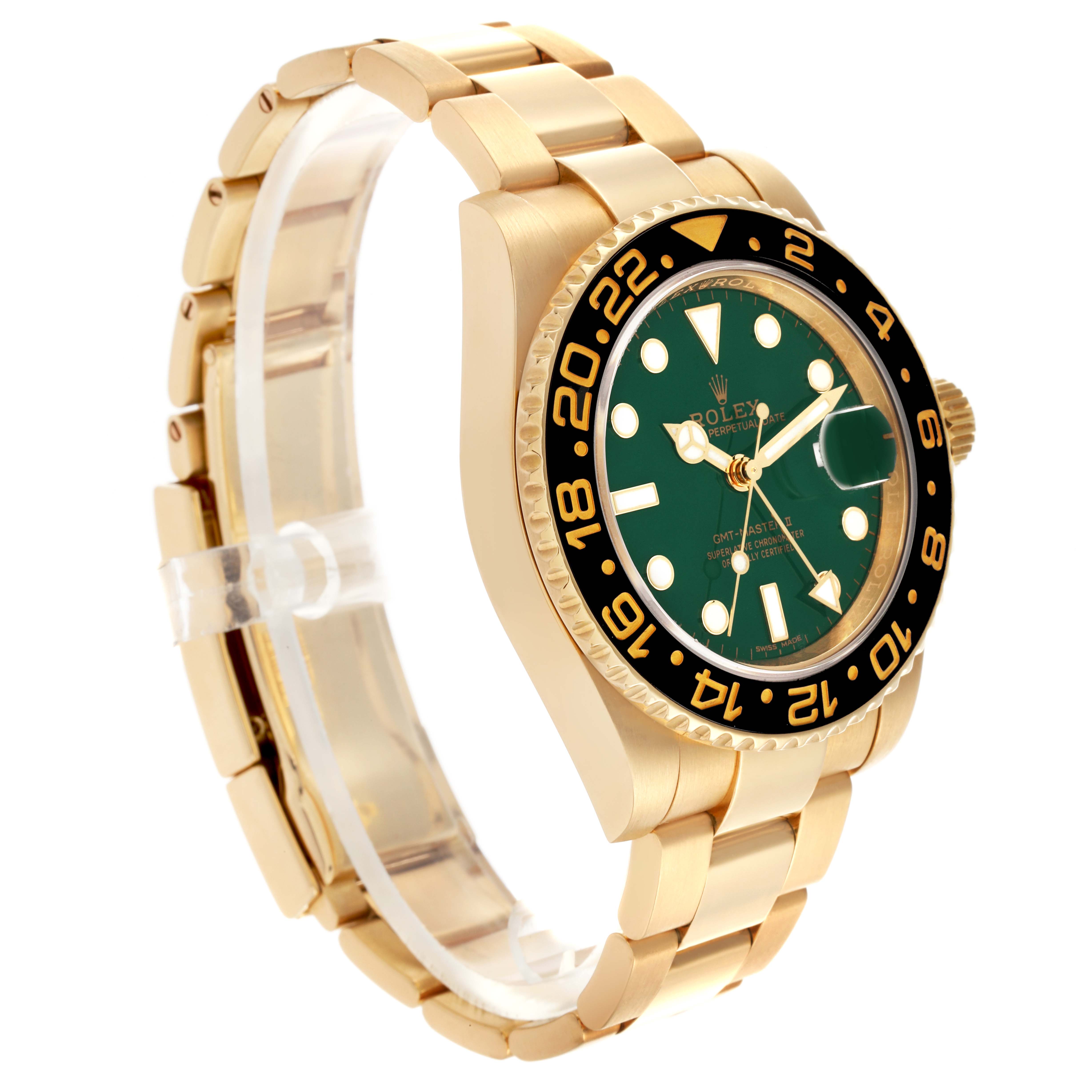 The Rolex GMT-Master 116718 Men's Yellow Gold Green Dial 116718 Men's Yellow Gold Green Dial watch is shown at a side angle, displaying the face, bezel, crown, and bracelet.
