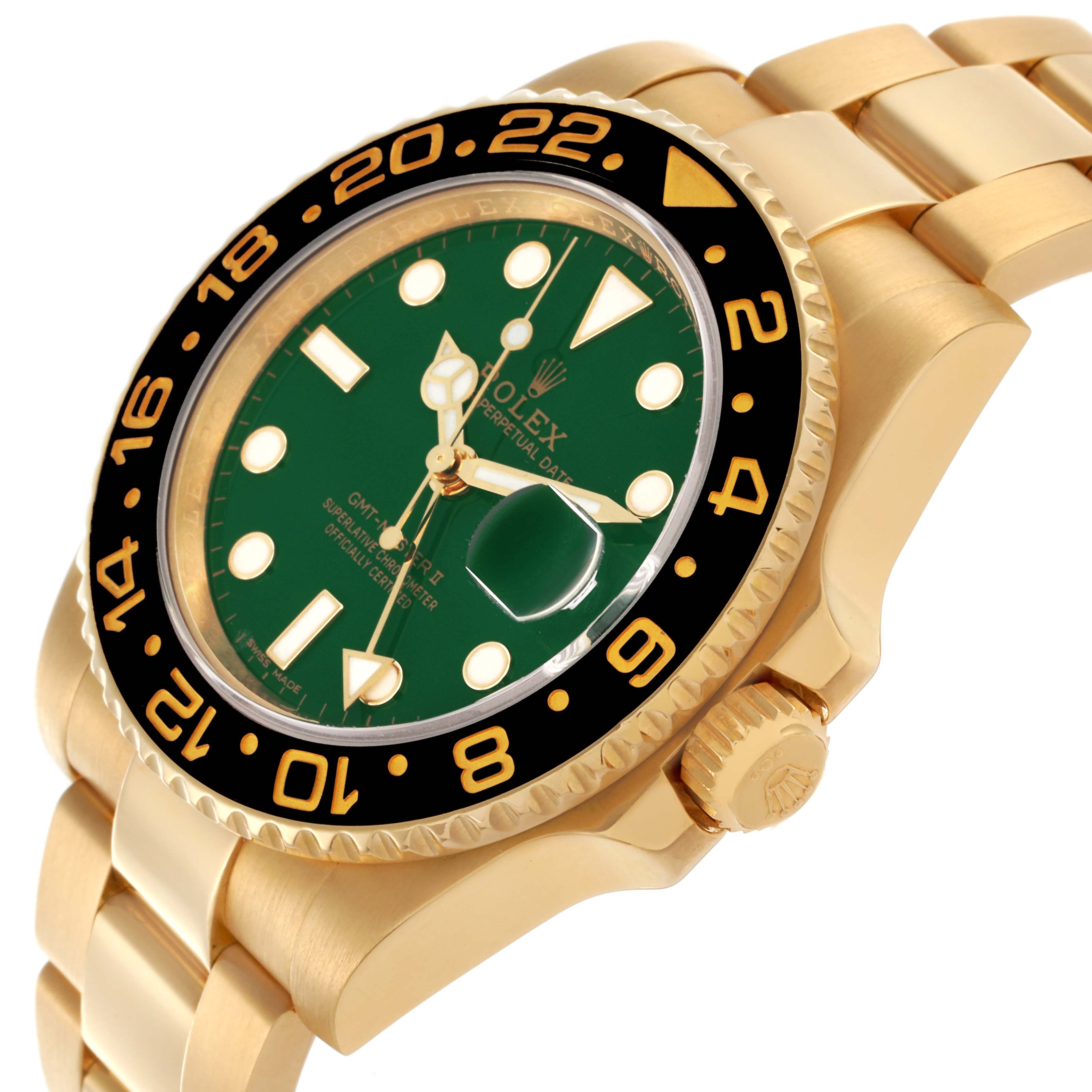 The Rolex GMT-Master 116718 Men's Yellow Gold Green Dial 116718 Men's Yellow Gold Green Dial watch is shown at an angle, highlighting the gold case, bezel, green dial, and part of the bracelet.