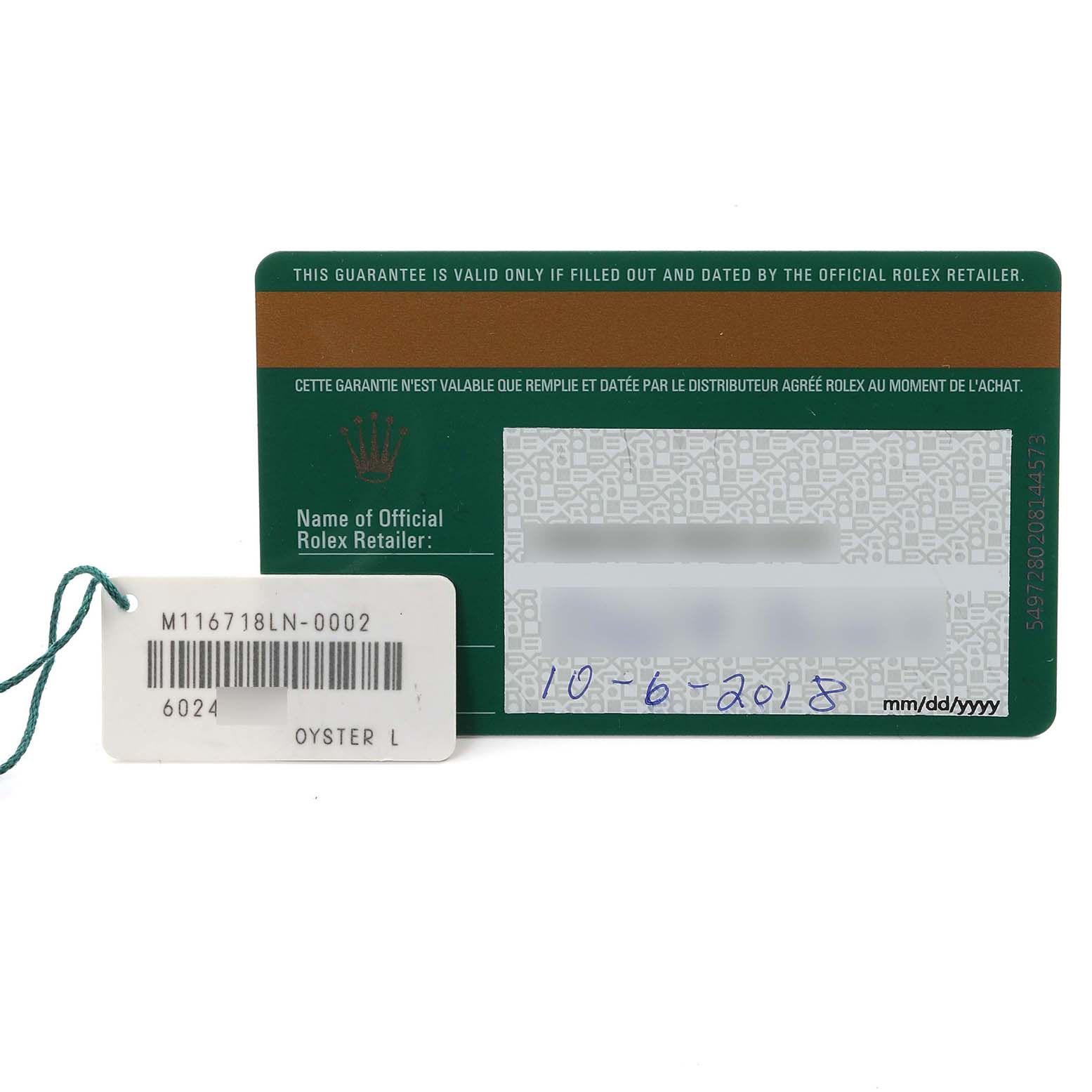The image shows a guarantee card and a tag for a Rolex GMT-Master 116718 Men's Yellow Gold Green Dial 116718 Men's Yellow Gold Green Dial watch, with no parts of the watch itself visible.
