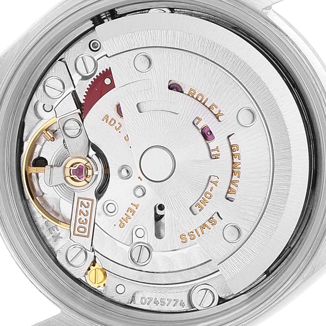 This image shows a close-up of the internal mechanism of a Rolex Oyster Perpetual 76080 Women's Stainless Steel Black Dial 76080 Women's Stainless Steel Black Dial watch, viewed from the back.