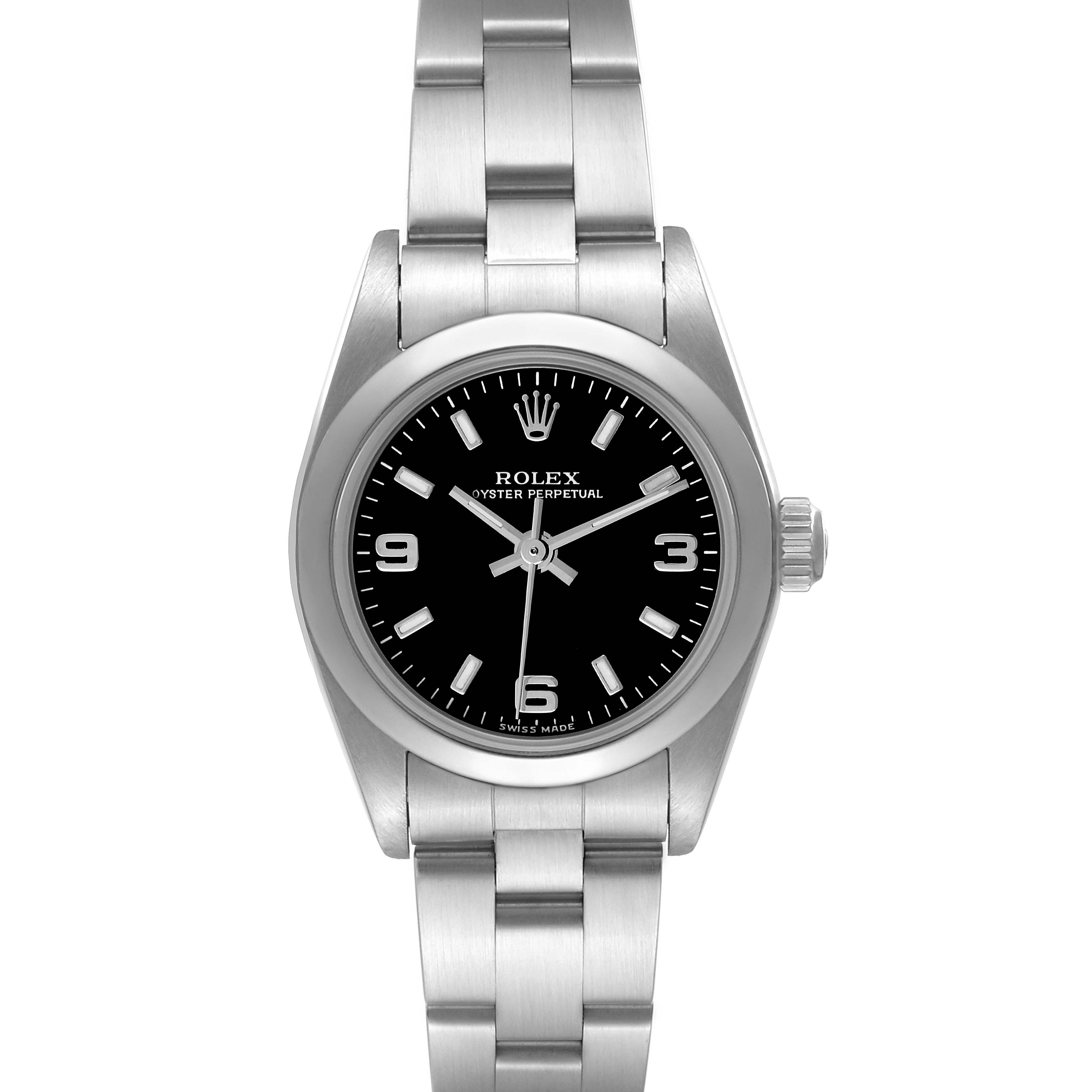 This image shows a Rolex Oyster Perpetual 76080 Women's Stainless Steel Black Dial 76080 Women's Stainless Steel Black Dial watch from a front angle, highlighting the dial, bezel, and bracelet.