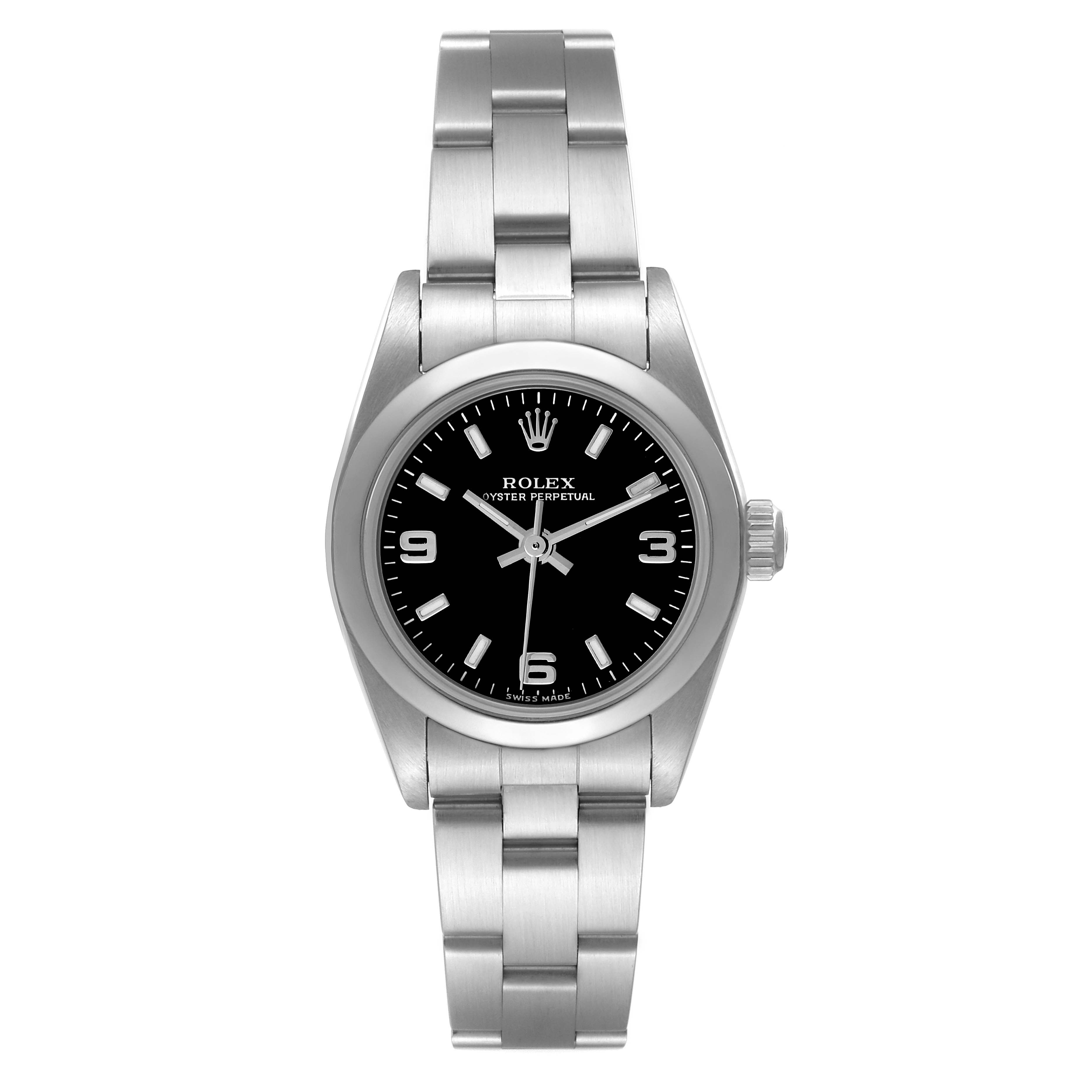 The image shows a front view of a Rolex Oyster Perpetual 76080 Women's Stainless Steel Black Dial 76080 Women's Stainless Steel Black Dial watch, featuring a stainless steel band and a black dial.