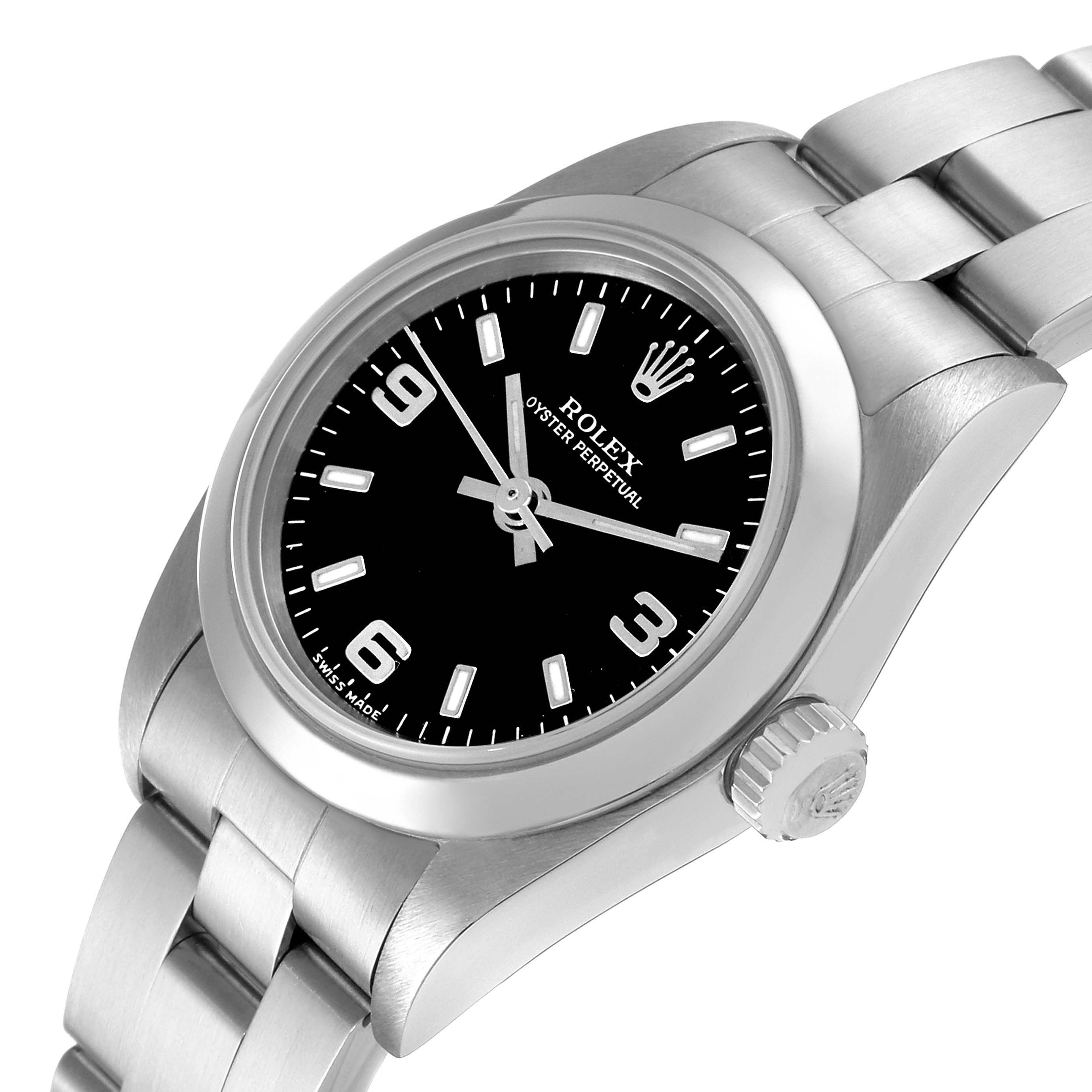 The image shows a Rolex Oyster Perpetual 76080 Women's Stainless Steel Black Dial 76080 Women's Stainless Steel Black Dial watch from an angled view, highlighting the dial, case, and part of the bracelet.