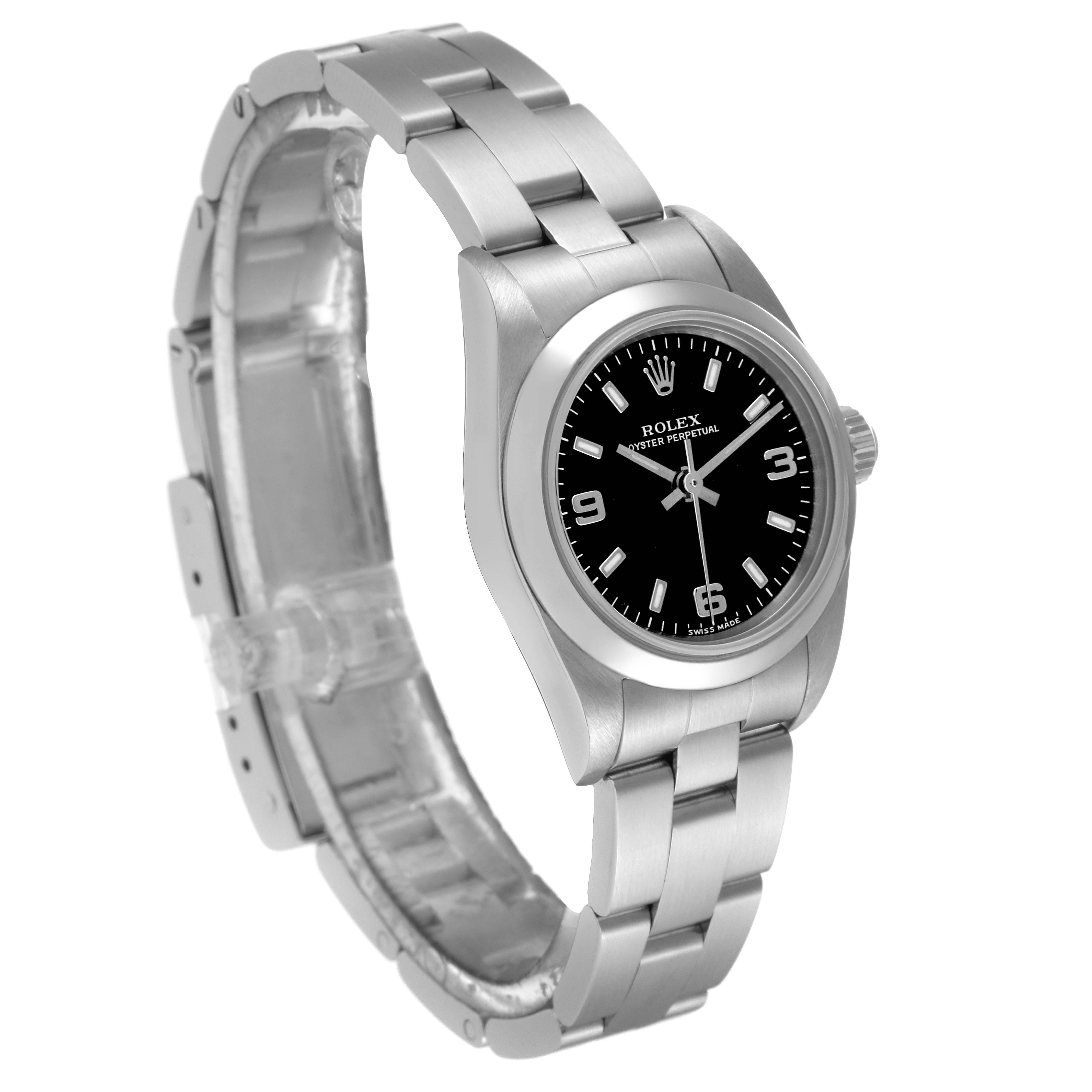 The image shows a Rolex Oyster Perpetual 76080 Women's Stainless Steel Black Dial 76080 Women's Stainless Steel Black Dial watch from a three-quarter angle, highlighting the bracelet, dial, and case.