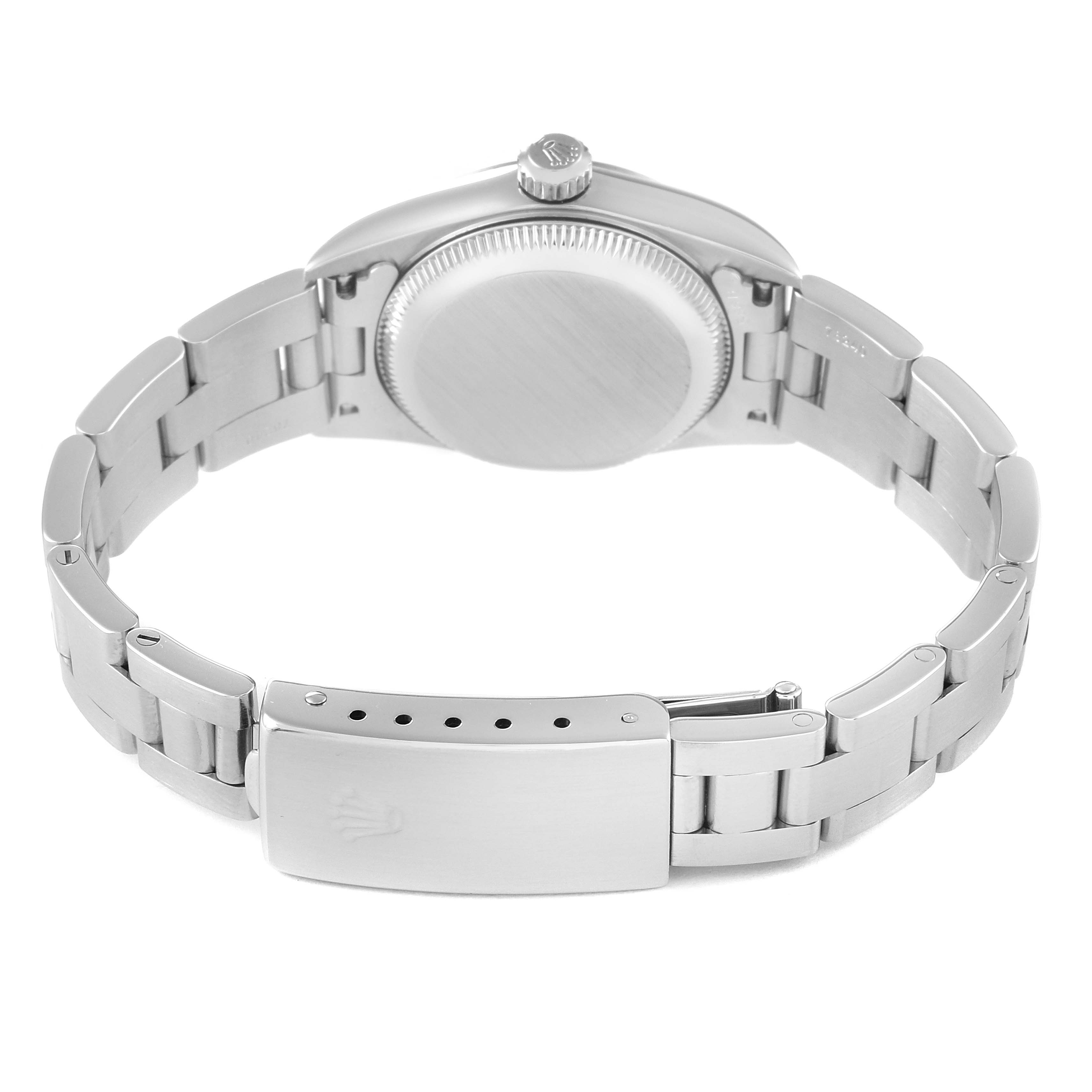 This image shows the back view of a Rolex Oyster Perpetual 76080 Women's Stainless Steel Black Dial 76080 Women's Stainless Steel Black Dial watch, including the case back, crown, and bracelet clasp.