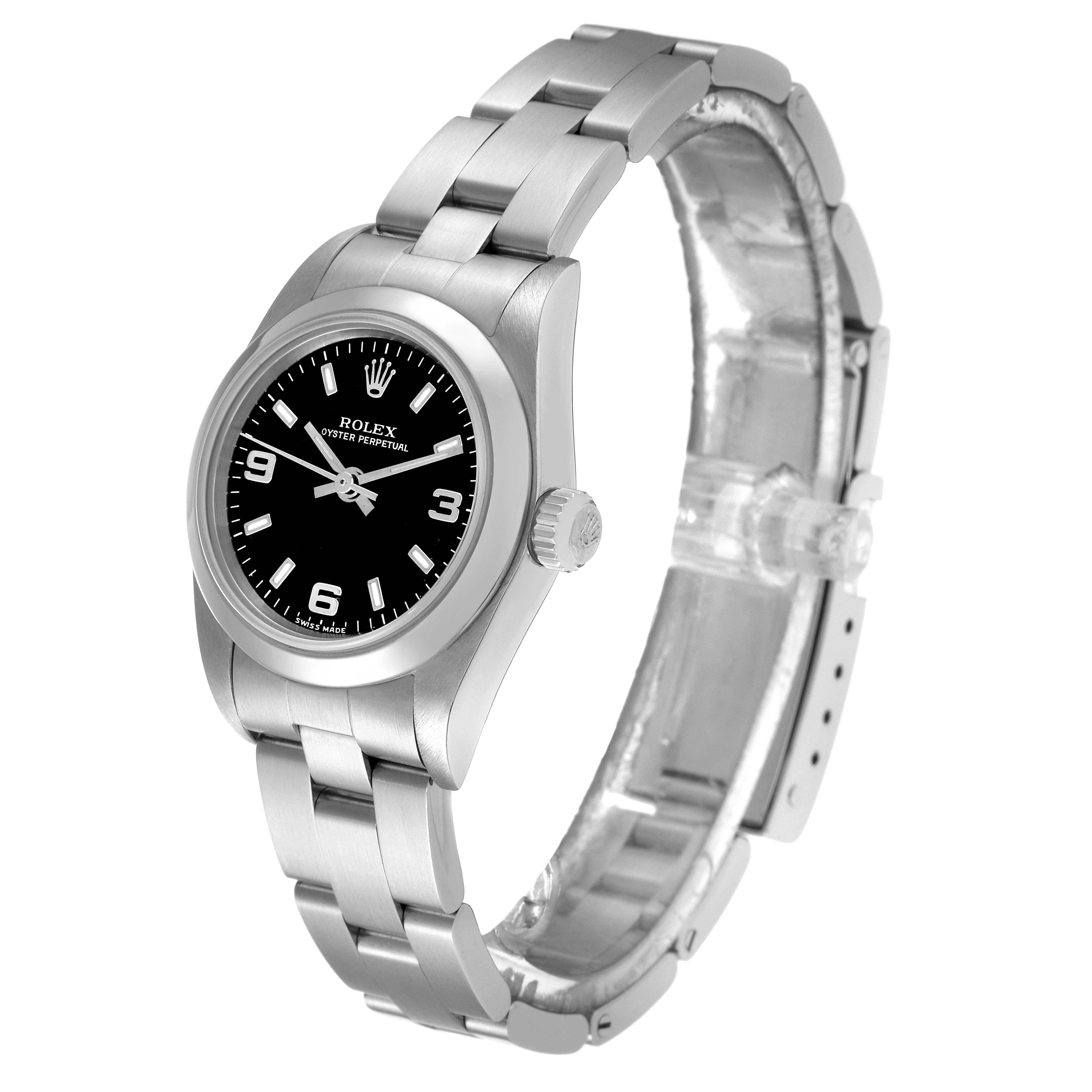 The image shows a Rolex Oyster Perpetual 76080 Women's Stainless Steel Black Dial 76080 Women's Stainless Steel Black Dial watch featuring its face, crown, and stainless steel bracelet from a slight side angle.