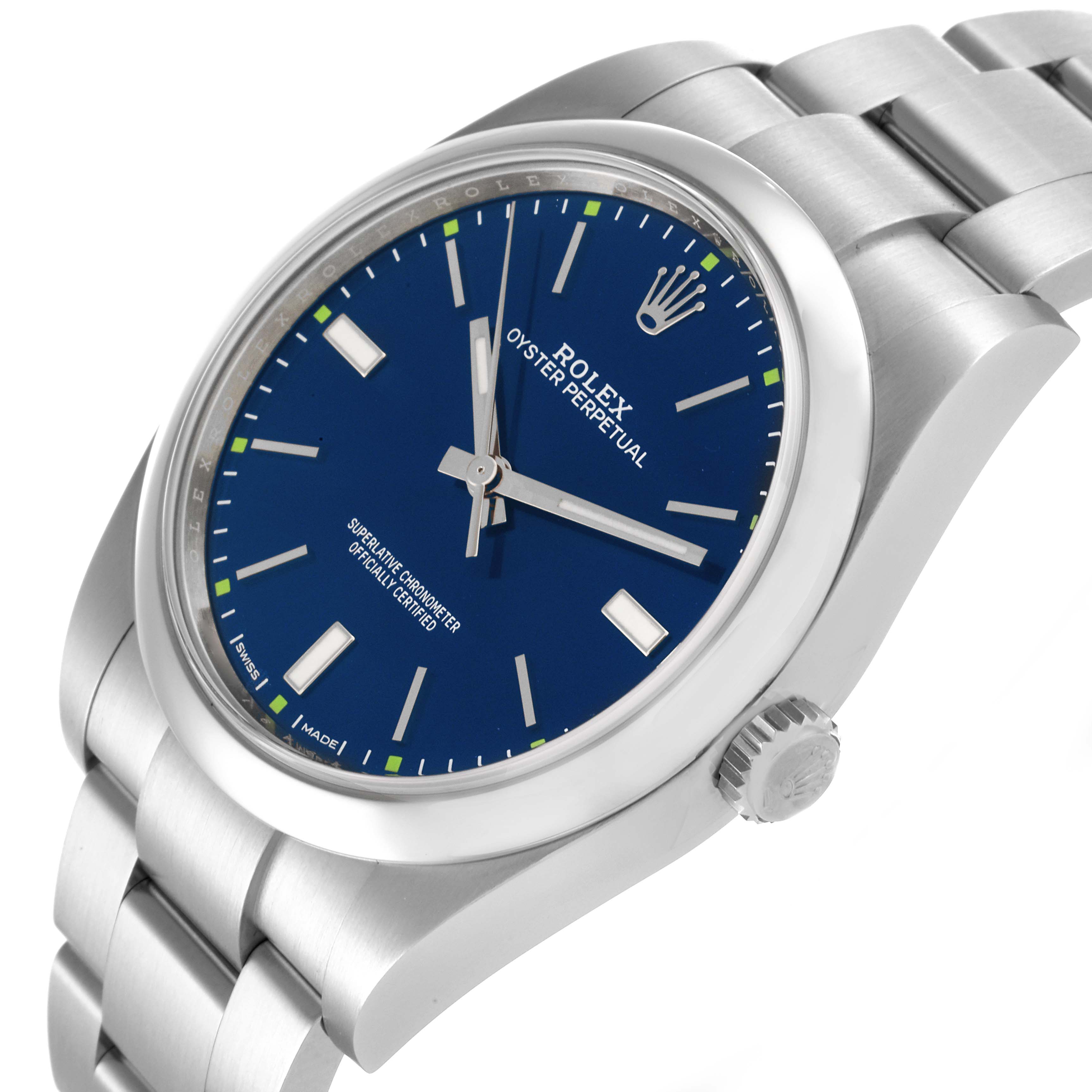 The Rolex Oyster Perpetual 114300 Men's Stainless Steel Blue Dial 114300 Men's Stainless Steel Blue Dial watch is shown from a three-quarter angle, displaying the blue dial, bezel, and bracelet.