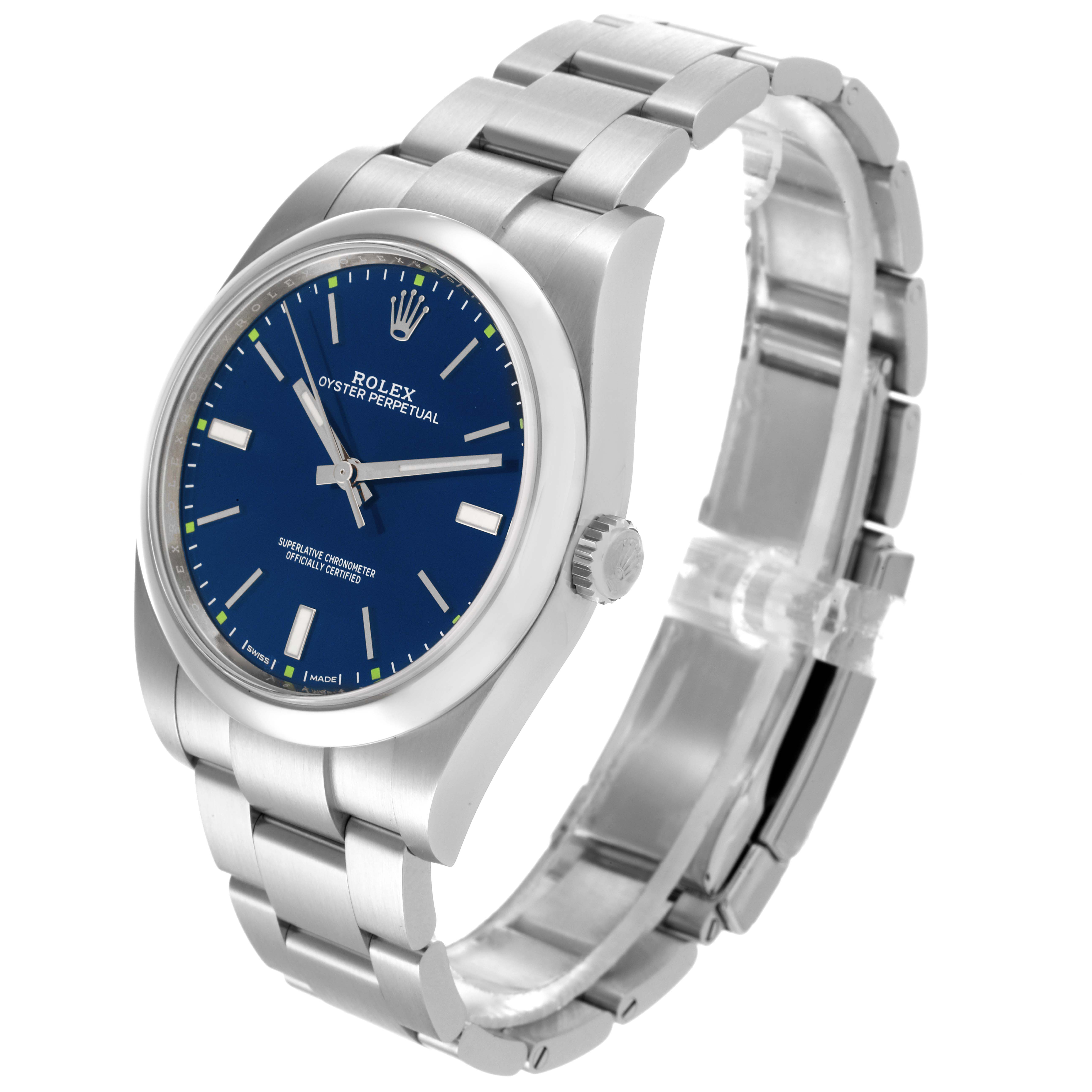 The Rolex Oyster Perpetual 114300 Men's Stainless Steel Blue Dial 114300 Men's Stainless Steel Blue Dial watch is shown at a three-quarter angle, highlighting its blue dial, bezel, crown, and bracelet.