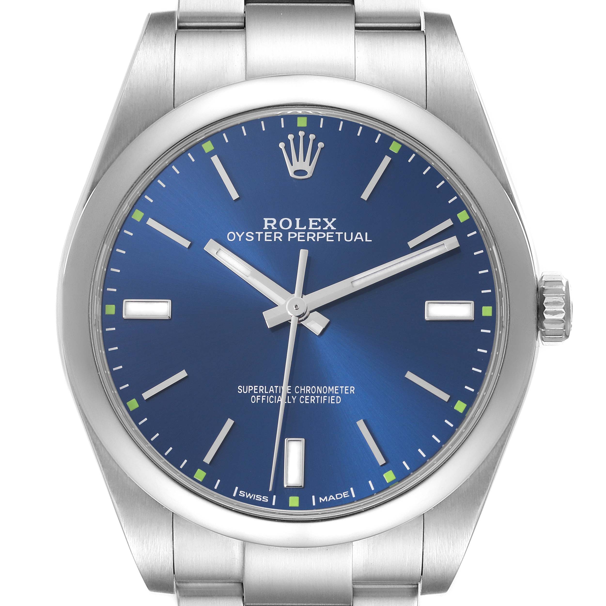 The Rolex Oyster Perpetual 114300 Men's Stainless Steel Blue Dial 114300 Men's Stainless Steel Blue Dial watch is shown from the front, highlighting the dial, hands, and part of the bracelet.