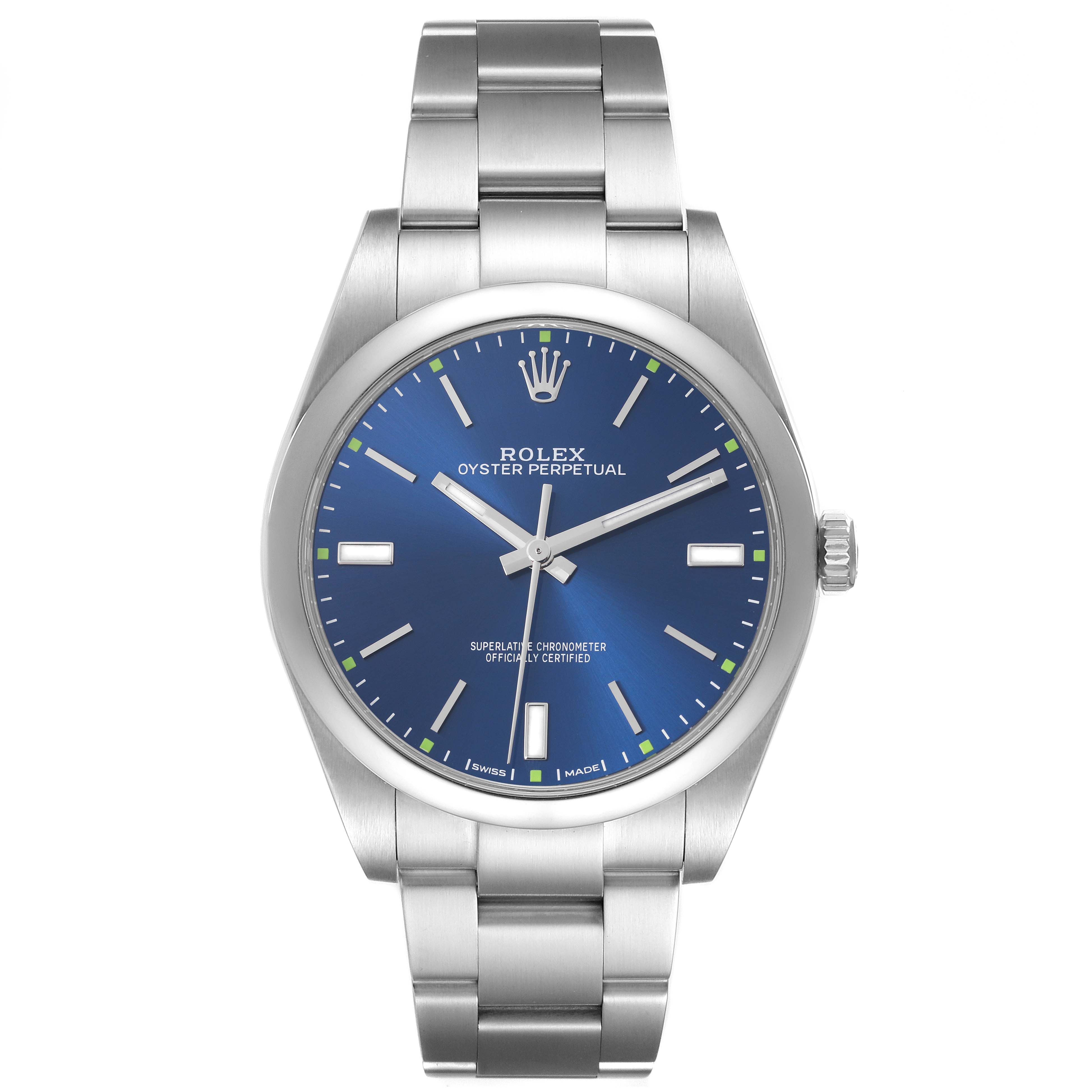 The Rolex Oyster Perpetual 114300 Men's Stainless Steel Blue Dial 114300 Men's Stainless Steel Blue Dial watch is shown from a front angle, displaying its face, bezel, and bracelet.