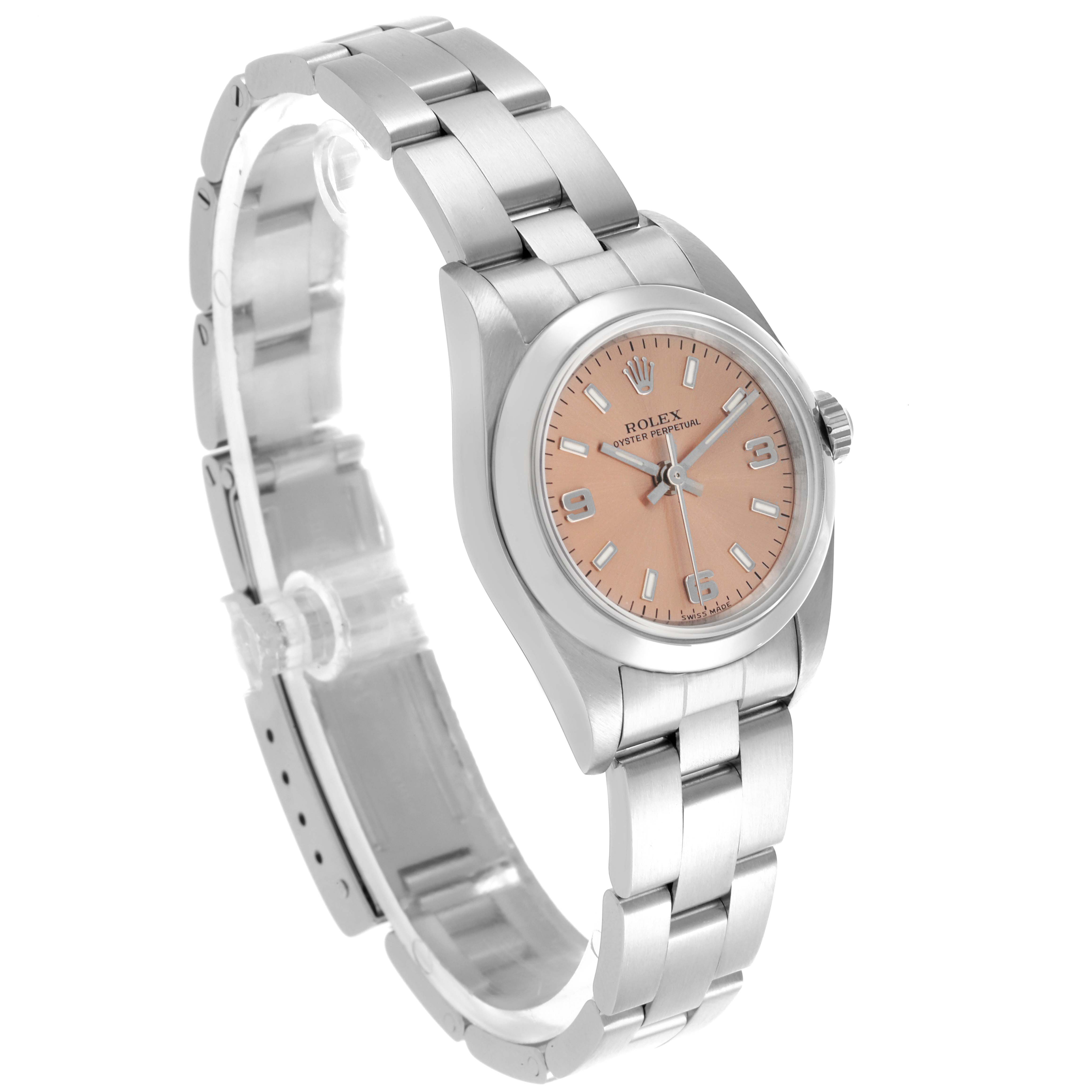 The Rolex Oyster Perpetual 76080 Women's Stainless Steel Brown Dial 76080 Women's Stainless Steel Brown Dial watch is angled to show the dial, bezel, and bracelet with a prominent side view.