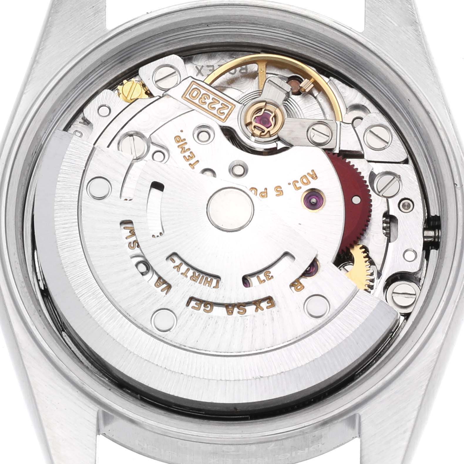 The image shows the movement and internal mechanics of a Rolex Oyster Perpetual 76080 Women's Stainless Steel Brown Dial 76080 Women's Stainless Steel Brown Dial watch from a rear angle.