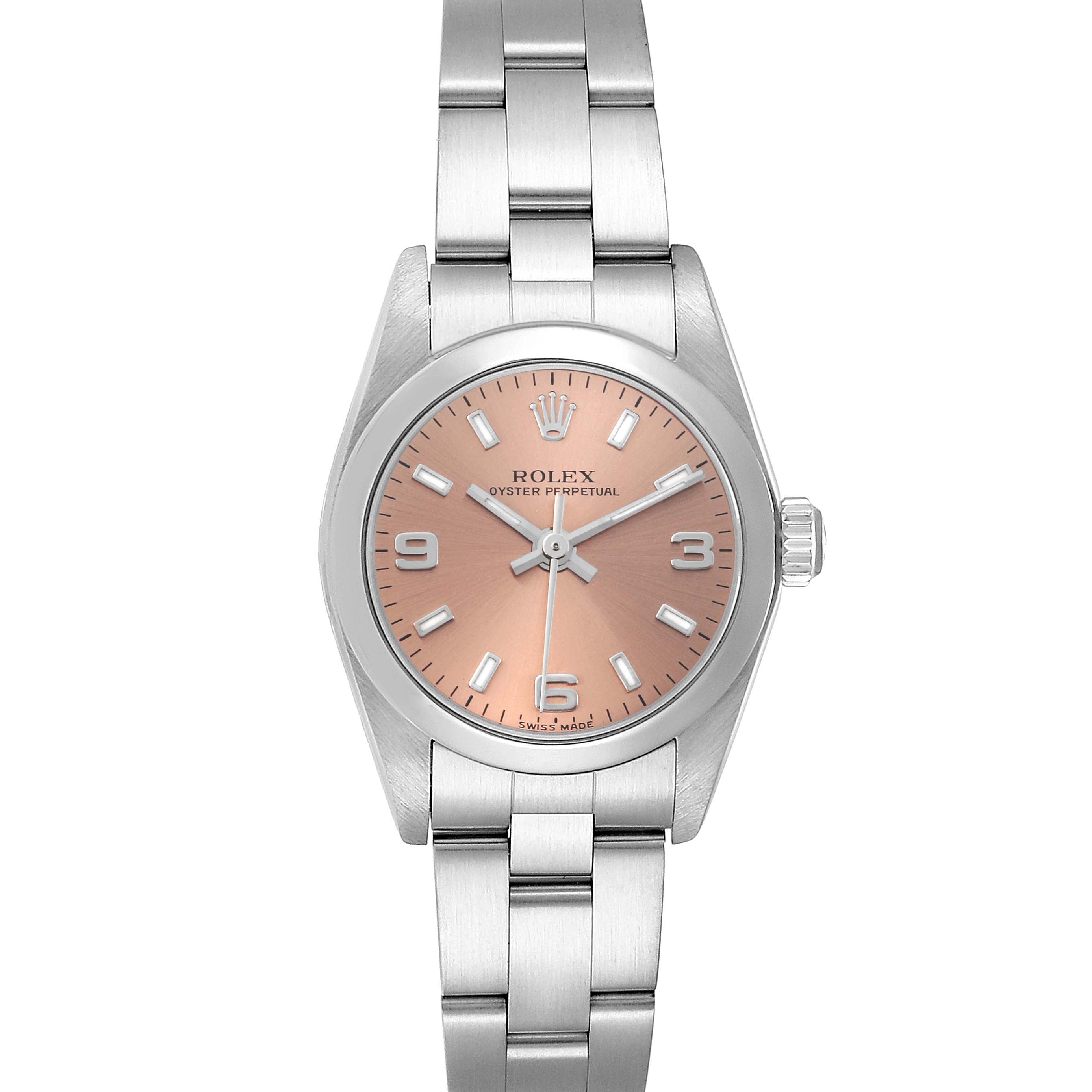 The Rolex Oyster Perpetual 76080 Women's Stainless Steel Brown Dial 76080 Women's Stainless Steel Brown Dial watch is shown from a top-down angle, displaying the face and bracelet.