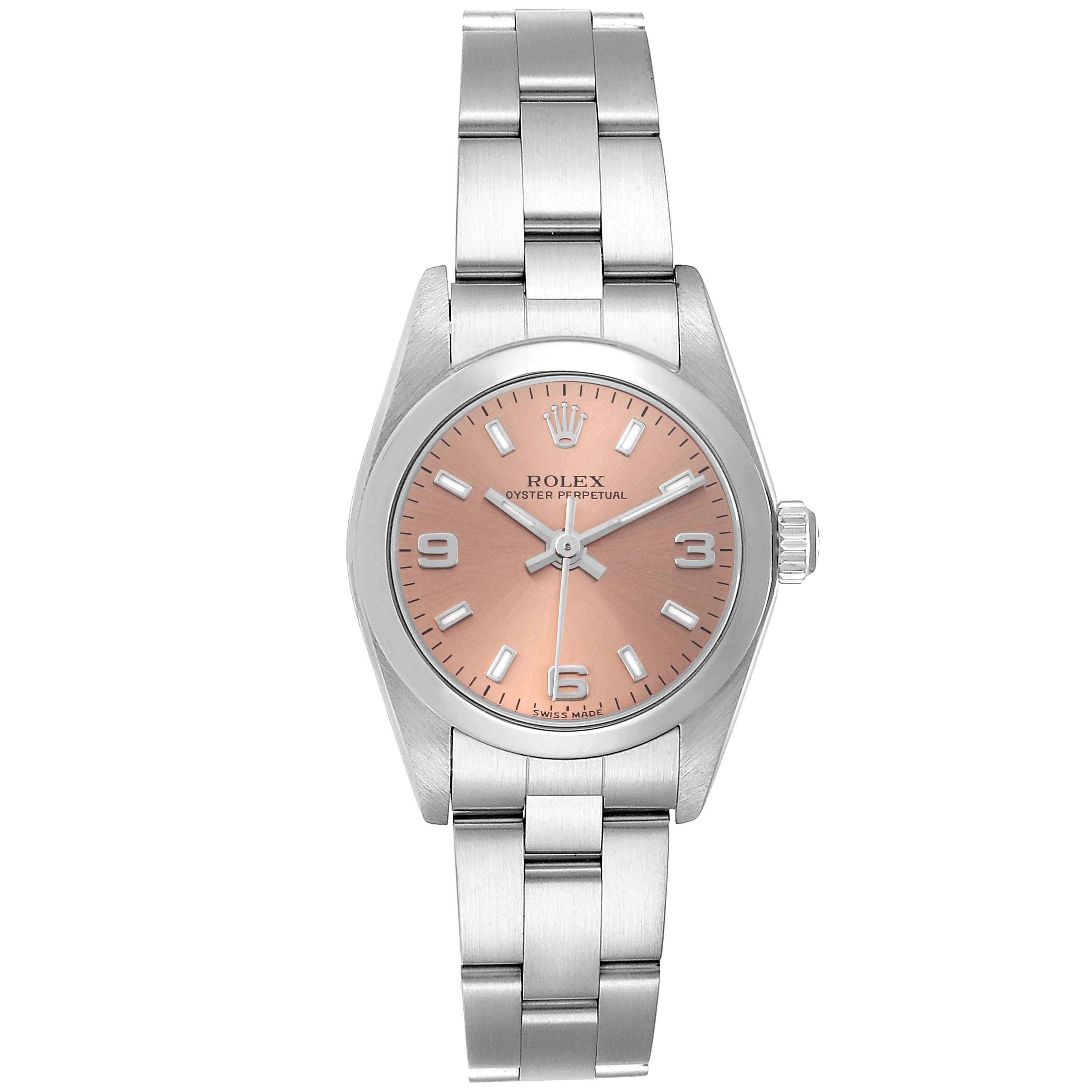 The image shows a frontal view of a Rolex Oyster Perpetual 76080 Women's Stainless Steel Brown Dial 76080 Women's Stainless Steel Brown Dial watch, displaying the dial, case, and bracelet.