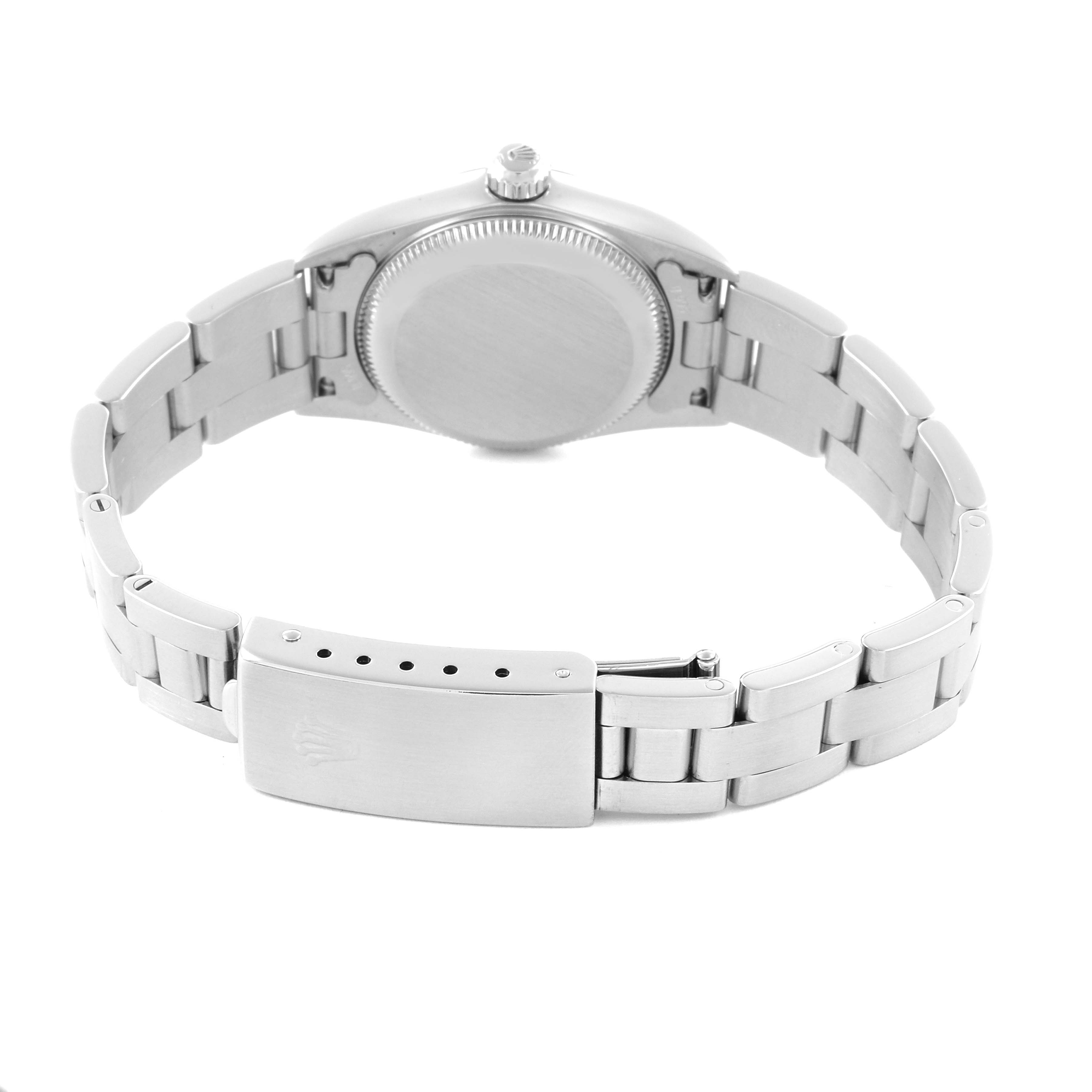 The Rolex Oyster Perpetual 76080 Women's Stainless Steel Brown Dial 76080 Women's Stainless Steel Brown Dial watch is shown from the back, highlighting the bracelet, case back, and clasp.