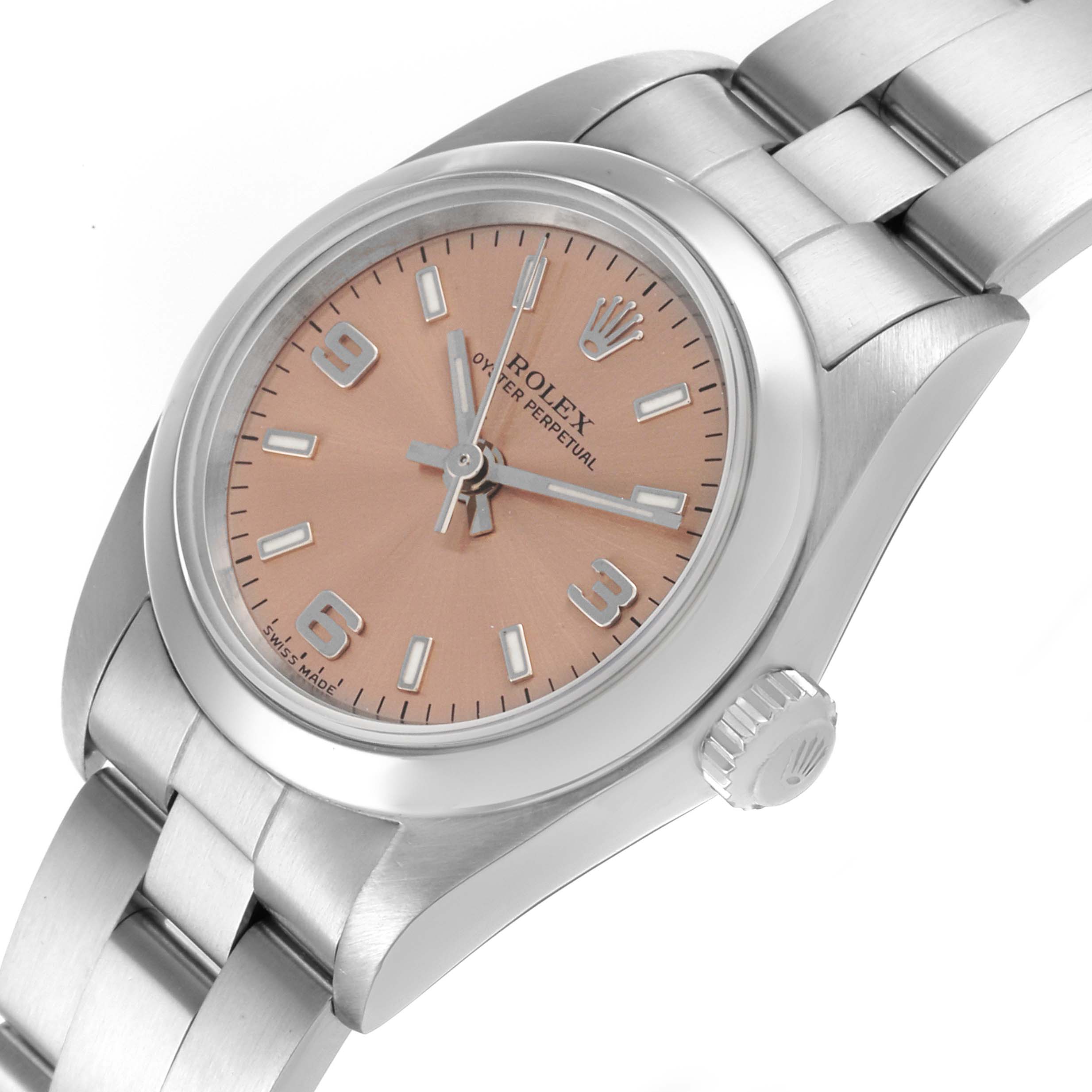 The Rolex Oyster Perpetual 76080 Women's Stainless Steel Brown Dial 76080 Women's Stainless Steel Brown Dial watch is shown from a front angle, highlighting the dial, bezel, crown, and bracelet.