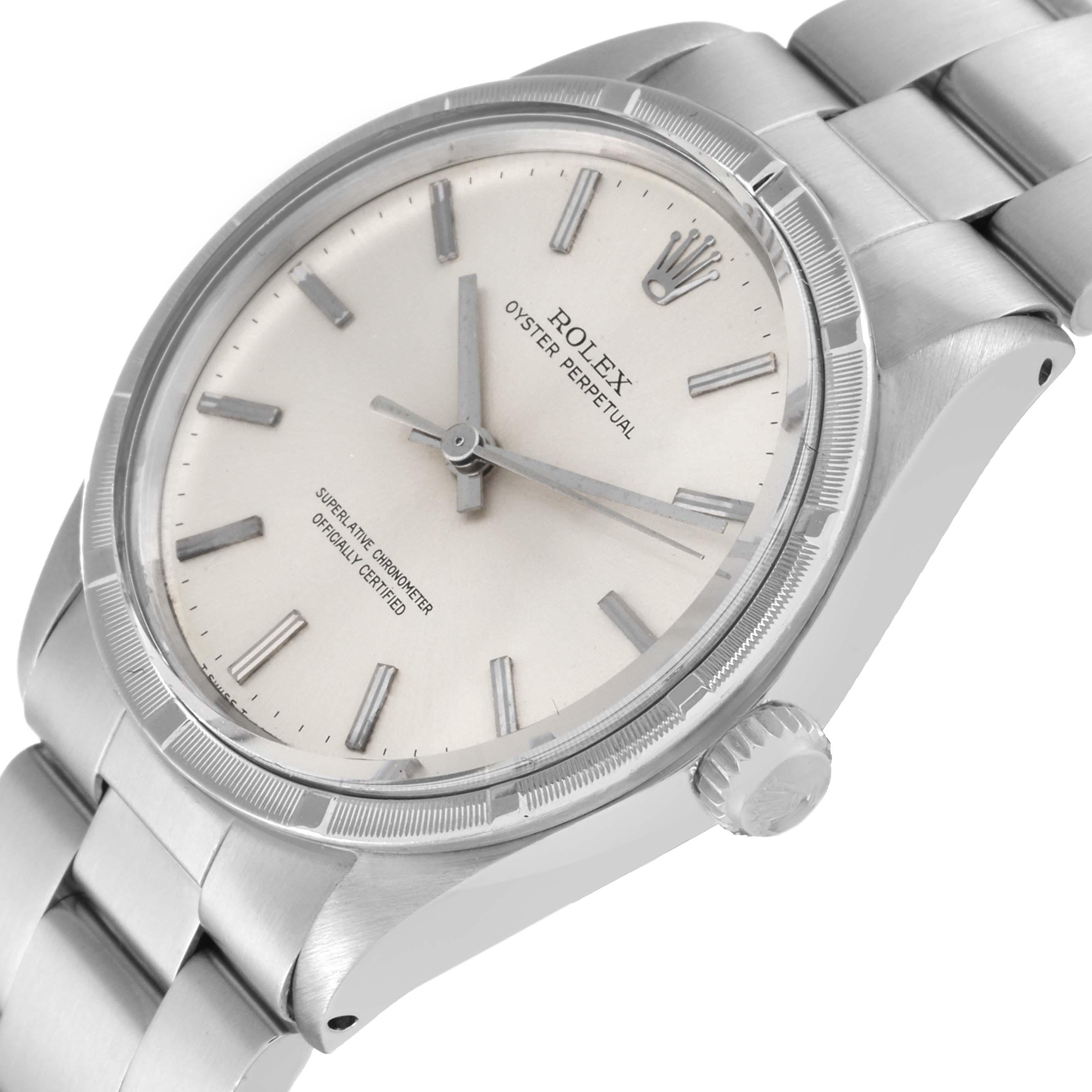 The image shows a close-up, angled view of a Rolex Vintage Collection 1007 Men's Stainless Steel Silver Dial 1007 Men's Stainless Steel Silver Dial watch, displaying its face, bezel, crown, and part of the bracelet.