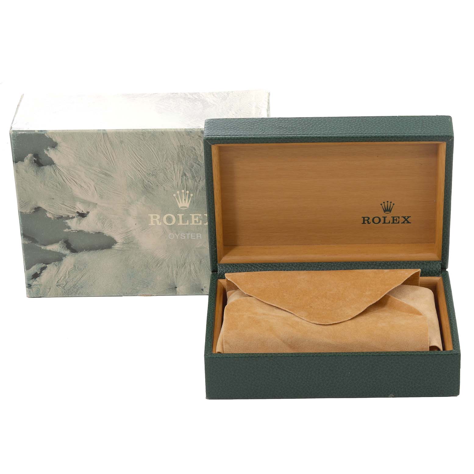 The image shows the box and packaging for a Rolex Vintage Collection 1007 Men's Stainless Steel Silver Dial 1007 Men's Stainless Steel Silver Dial watch, with the watch wrapped in a suede pouch inside the box.