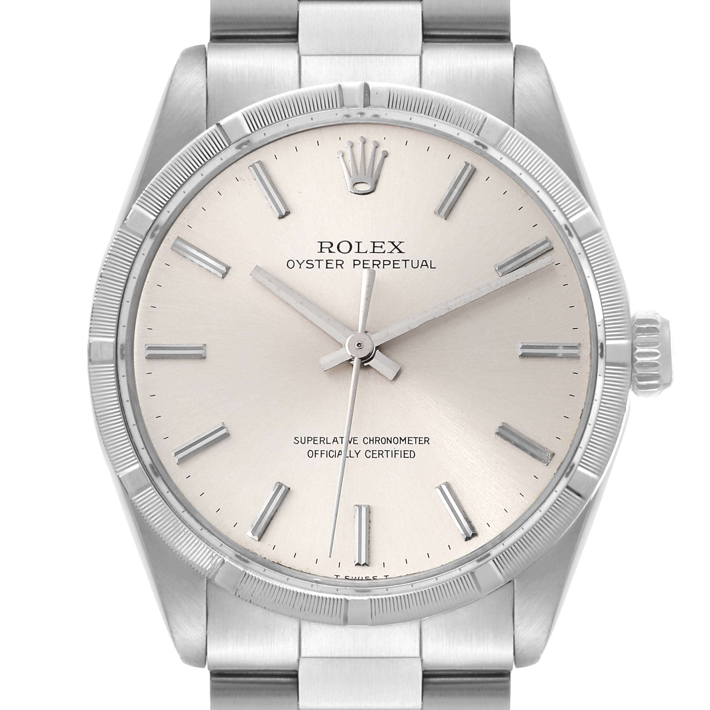 The image shows a close-up view of the face and part of the bracelet of the Rolex Vintage Collection 1007 Men's Stainless Steel Silver Dial 1007 Men's Stainless Steel Silver Dial Oyster Perpetual model.