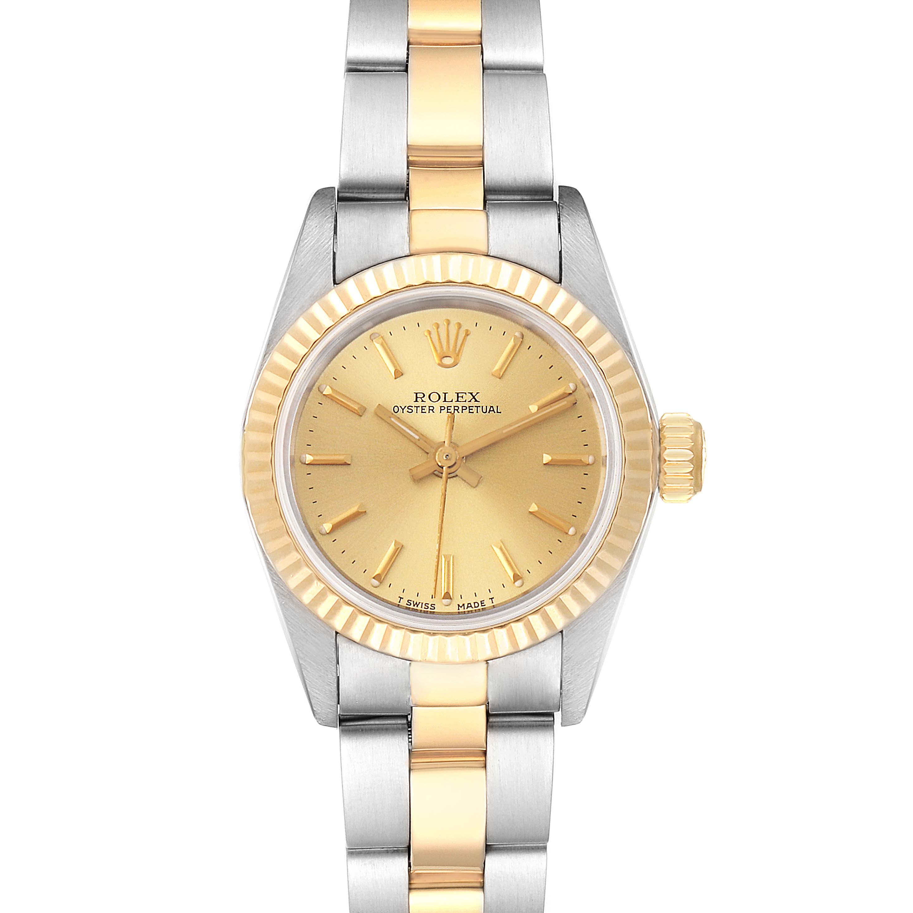 This image shows a front view of a Rolex Oyster Perpetual 67193 Women
s Steel and Gold (two tone) Champagne Dial 67193 Women
s Steel and Gold (two tone) Champagne Dial watch featuring a two-tone bracelet and gold dial.
