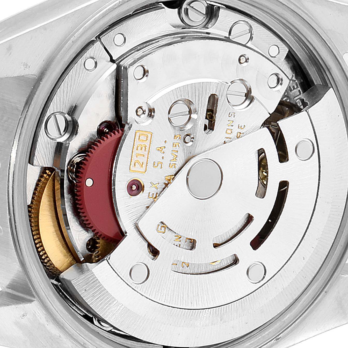 This image shows a close-up of the movement mechanism of a Rolex Oyster Perpetual 67193 Women
s Steel and Gold (two tone) Champagne Dial 67193 Women
s Steel and Gold (two tone) Champagne Dial watch.