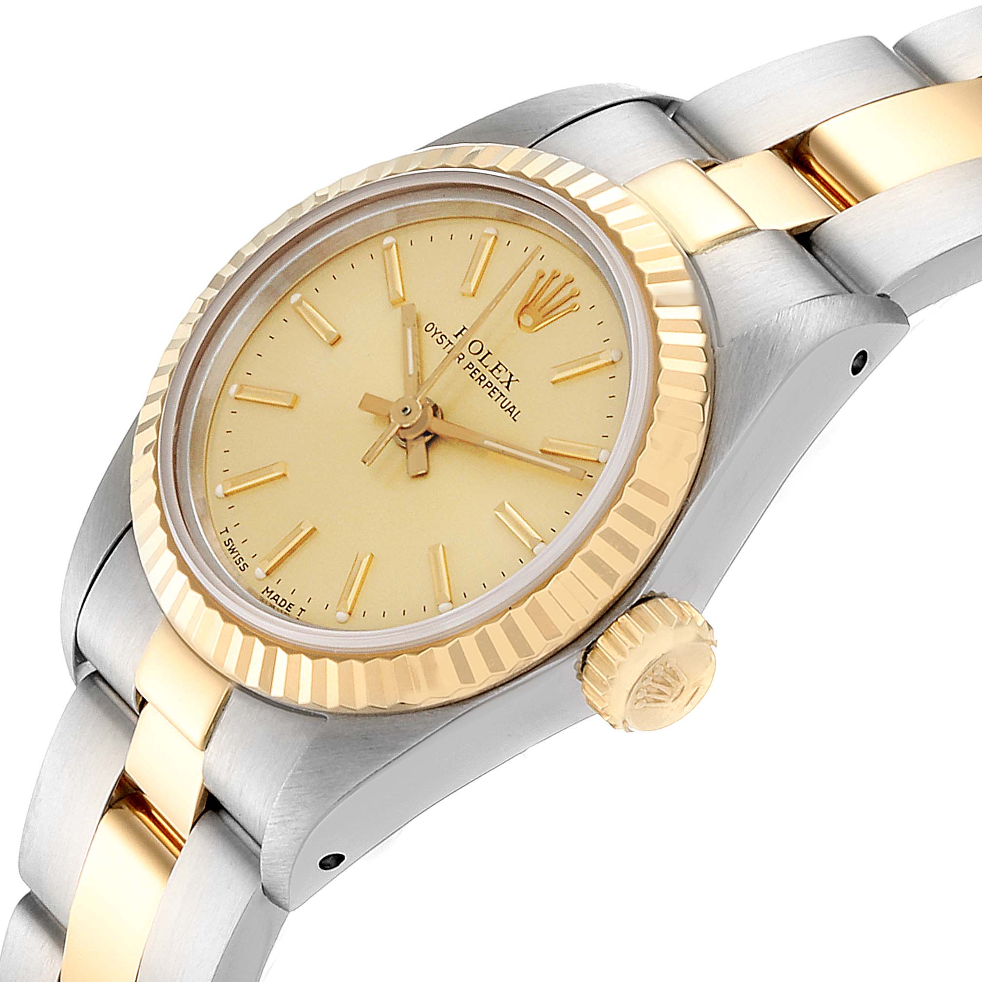 The image shows a side view of a Rolex Oyster Perpetual 67193 Women
s Steel and Gold (two tone) Champagne Dial 67193 Women
s Steel and Gold (two tone) Champagne Dial watch, highlighting the bezel, dial, crown, and part of the bracelet.