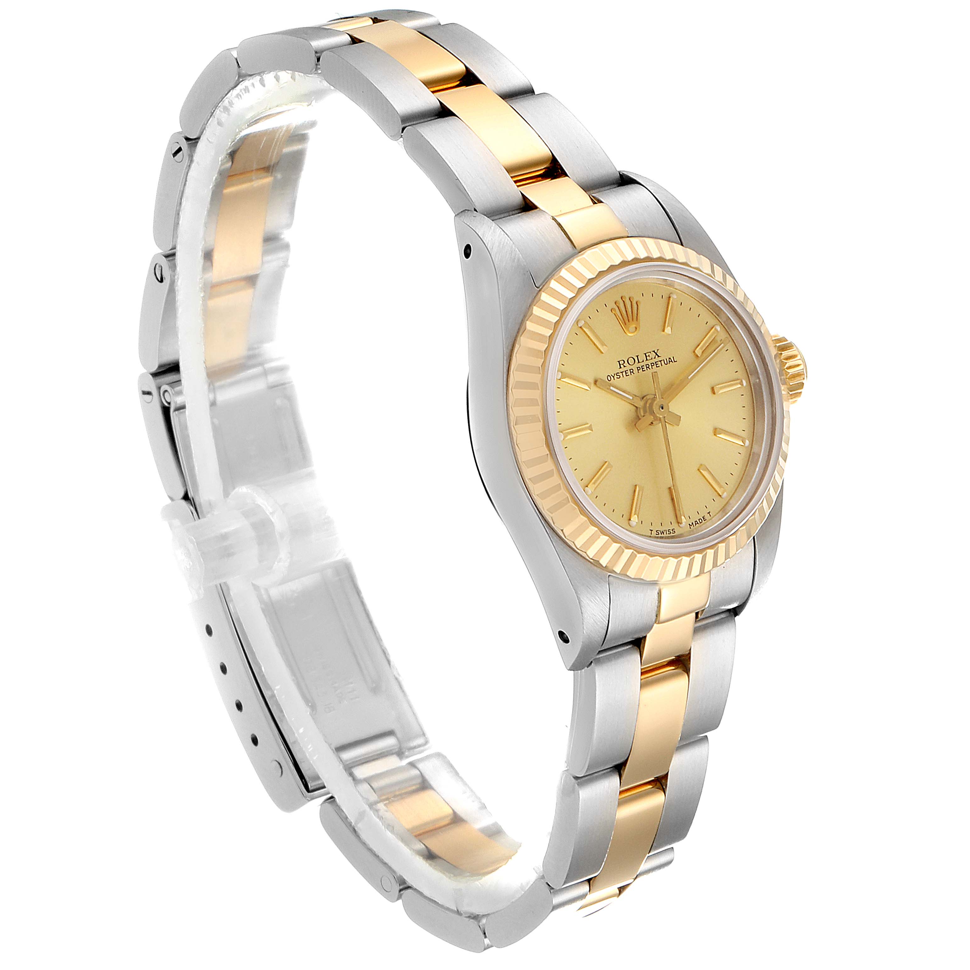 The image shows a side view of a Rolex Oyster Perpetual 67193 Women
s Steel and Gold (two tone) Champagne Dial 67193 Women
s Steel and Gold (two tone) Champagne Dial watch featuring a two-tone metal bracelet and a gold dial.