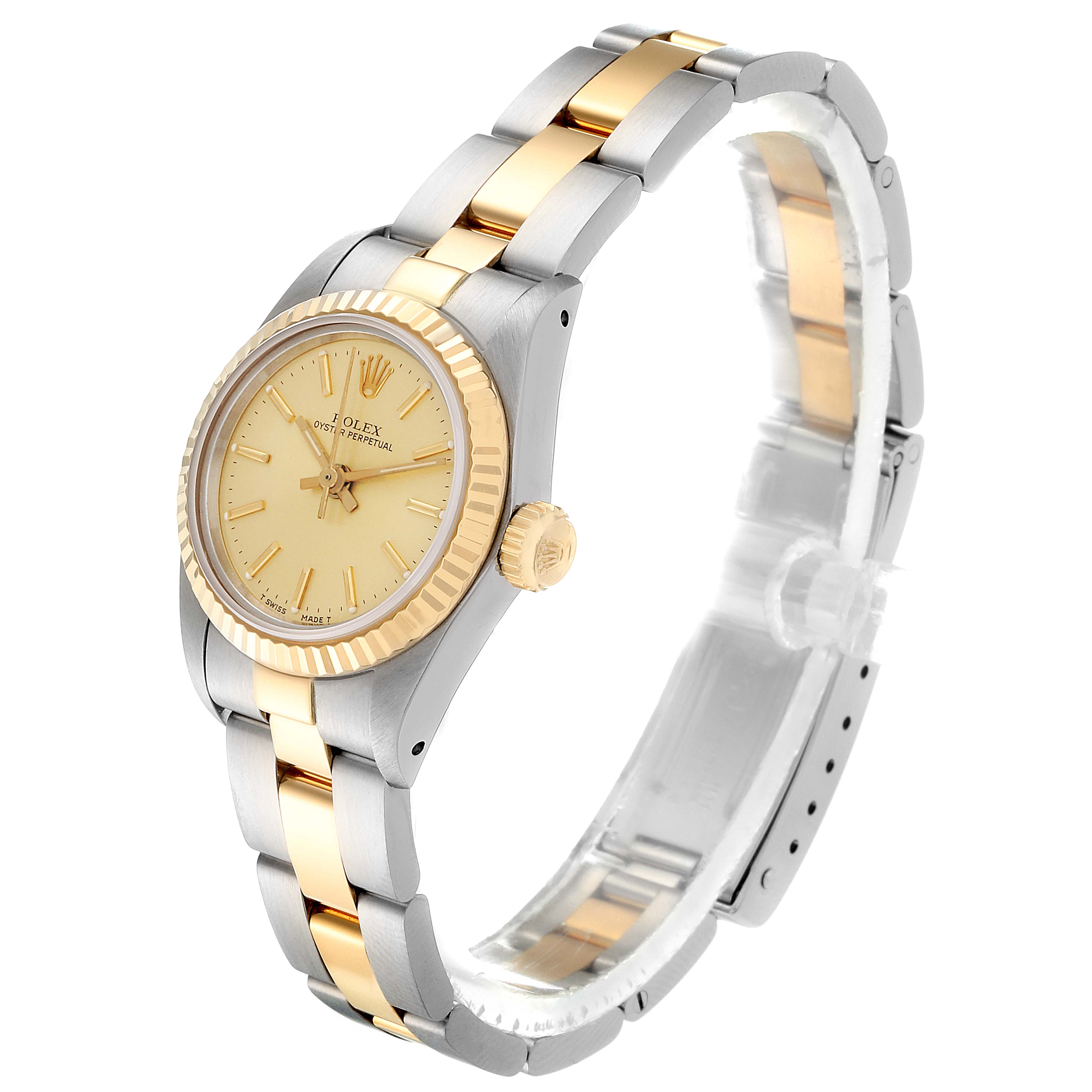 The image shows a side view angle of a Rolex Oyster Perpetual 67193 Women
s Steel and Gold (two tone) Champagne Dial 67193 Women
s Steel and Gold (two tone) Champagne Dial watch, highlighting its gold and silver bracelet and golden dial.