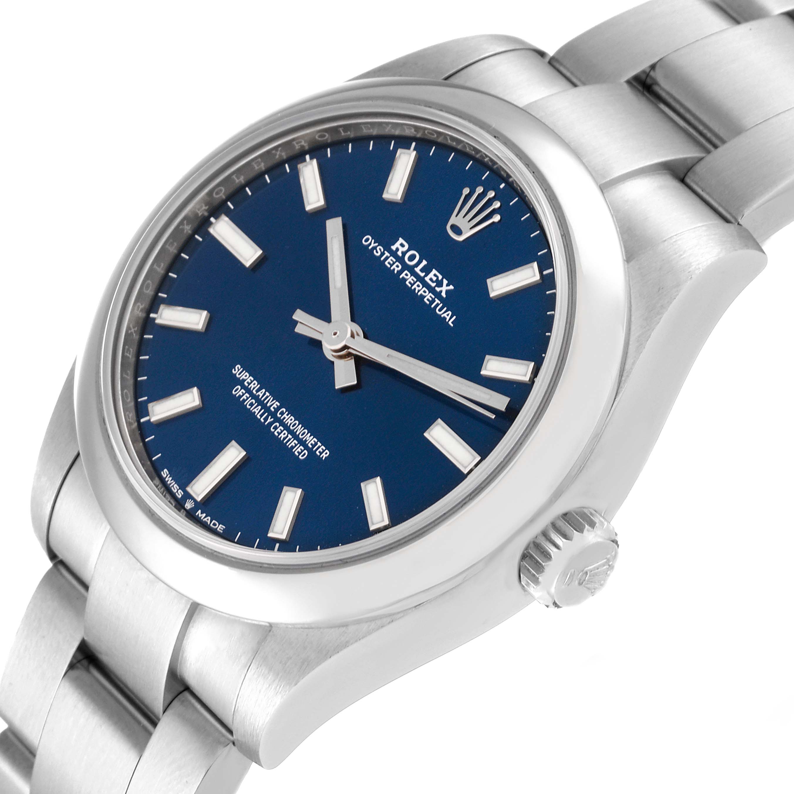 This Rolex Mid-Size 277200 Women's Stainless Steel Blue Dial 277200 Women's Stainless Steel Blue Dial model watch is shown at an angled view highlighting its blue dial, silver hands, and stainless steel bracelet.