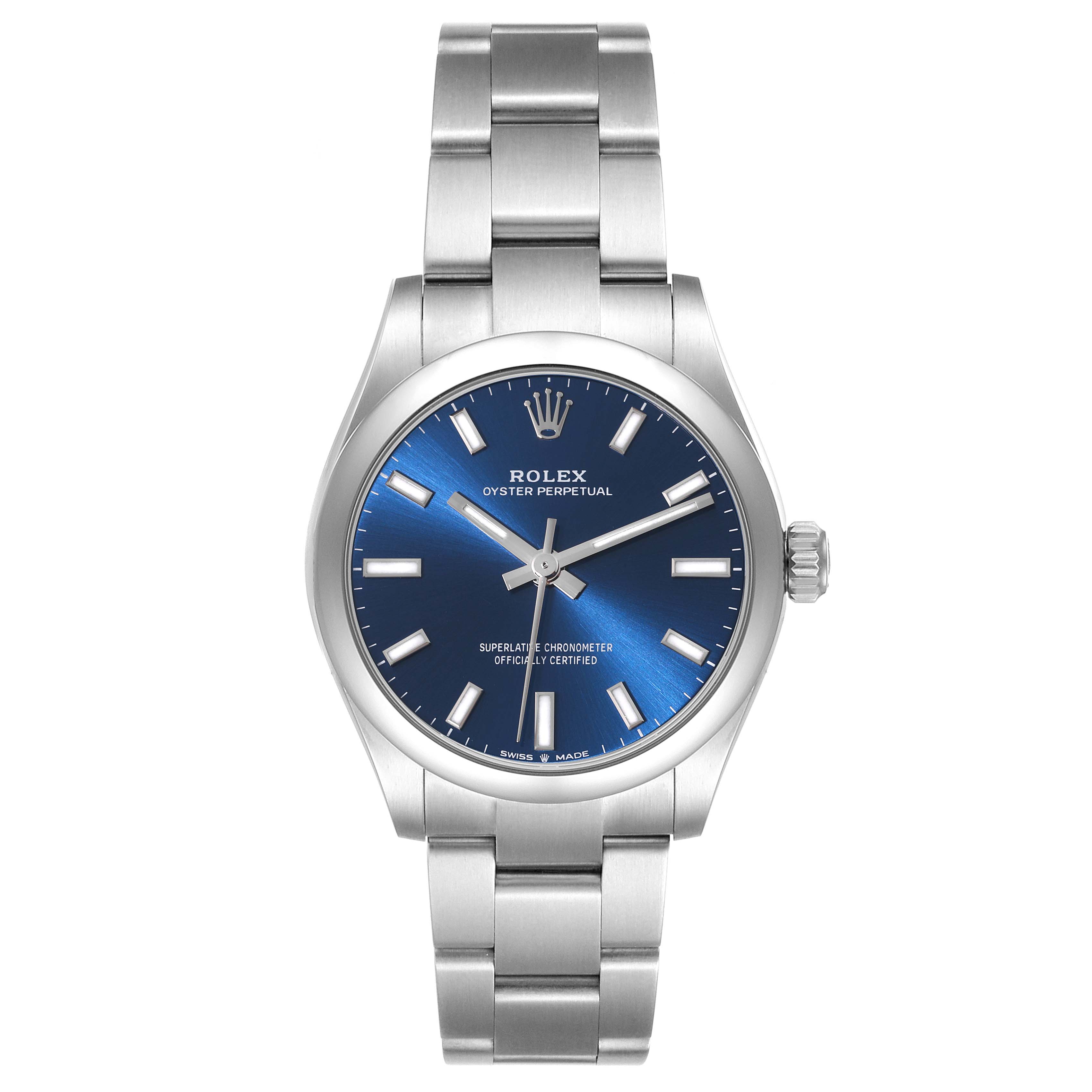The image shows a front view of a Rolex Mid-Size 277200 Women's Stainless Steel Blue Dial 277200 Women's Stainless Steel Blue Dial Oyster Perpetual watch with a blue dial and silver bracelet.