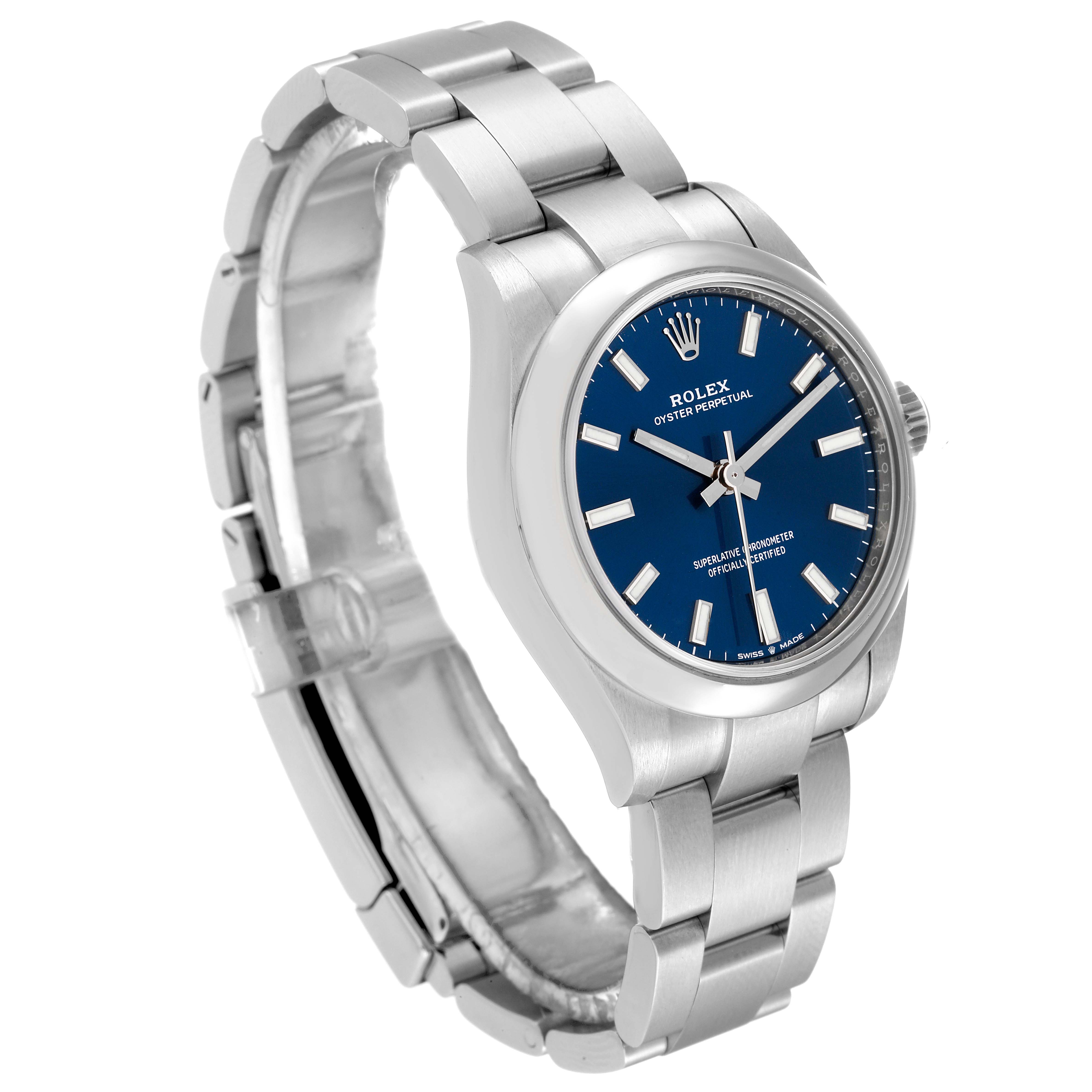 The image shows a side and front angle of a Rolex Mid-Size 277200 Women's Stainless Steel Blue Dial 277200 Women's Stainless Steel Blue Dial Oyster Perpetual watch with a blue dial and stainless steel bracelet.