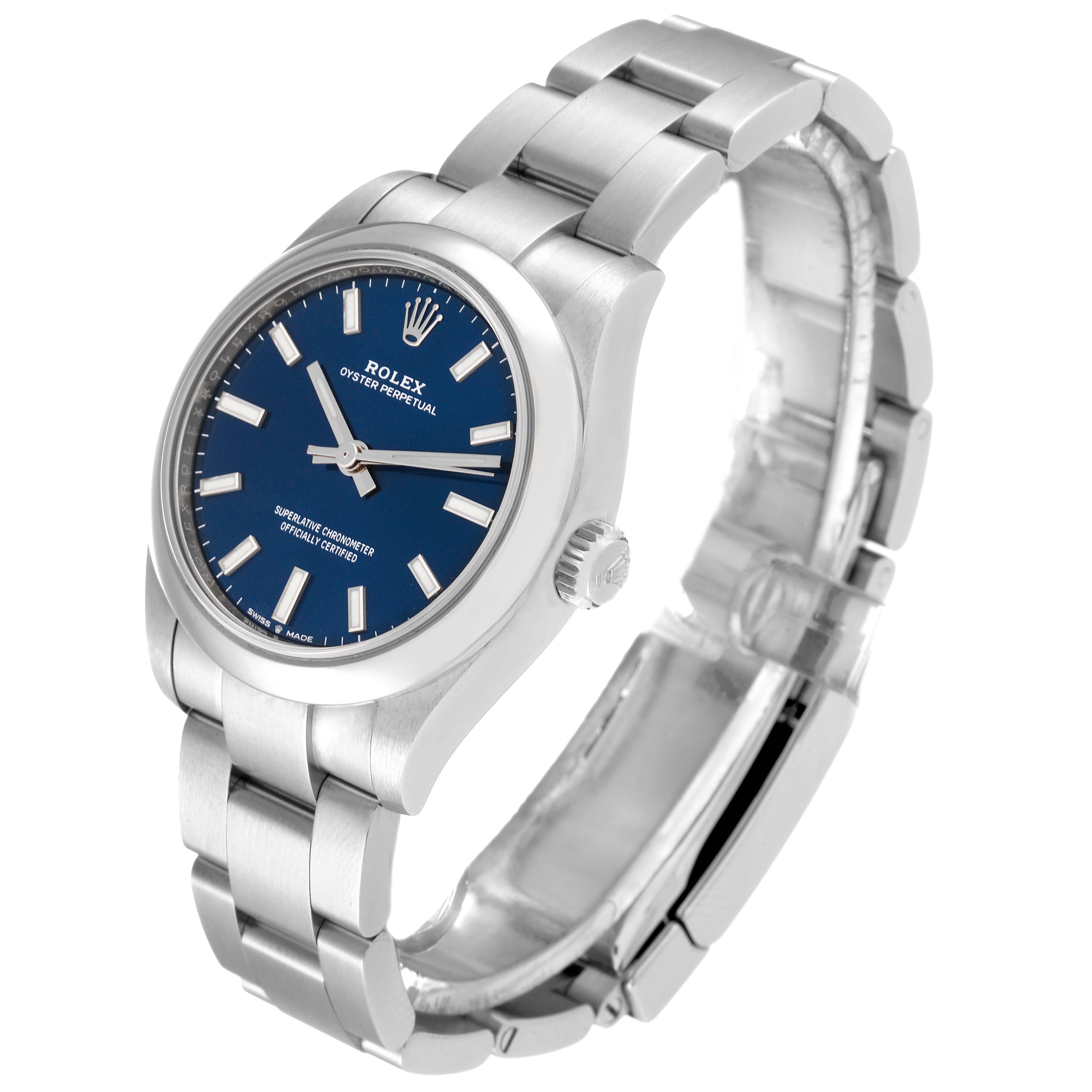The Rolex Mid-Size 277200 Women's Stainless Steel Blue Dial 277200 Women's Stainless Steel Blue Dial watch is pictured at an angled view showing the face, crown, and bracelet.