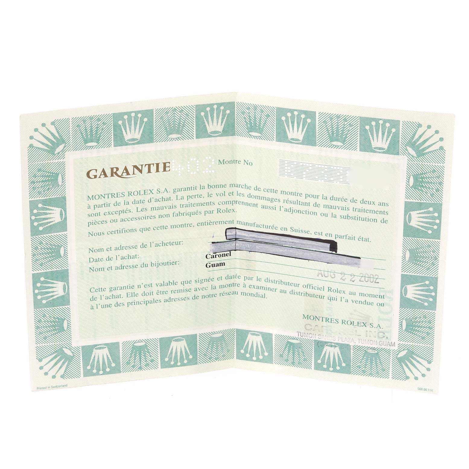 This image shows the warranty card for a Rolex Oyster Perpetual 76094 Women's Stainless Steel Black Dial 76094 Women's Stainless Steel Black Dial watch, featuring the brand's logo and purchase details.