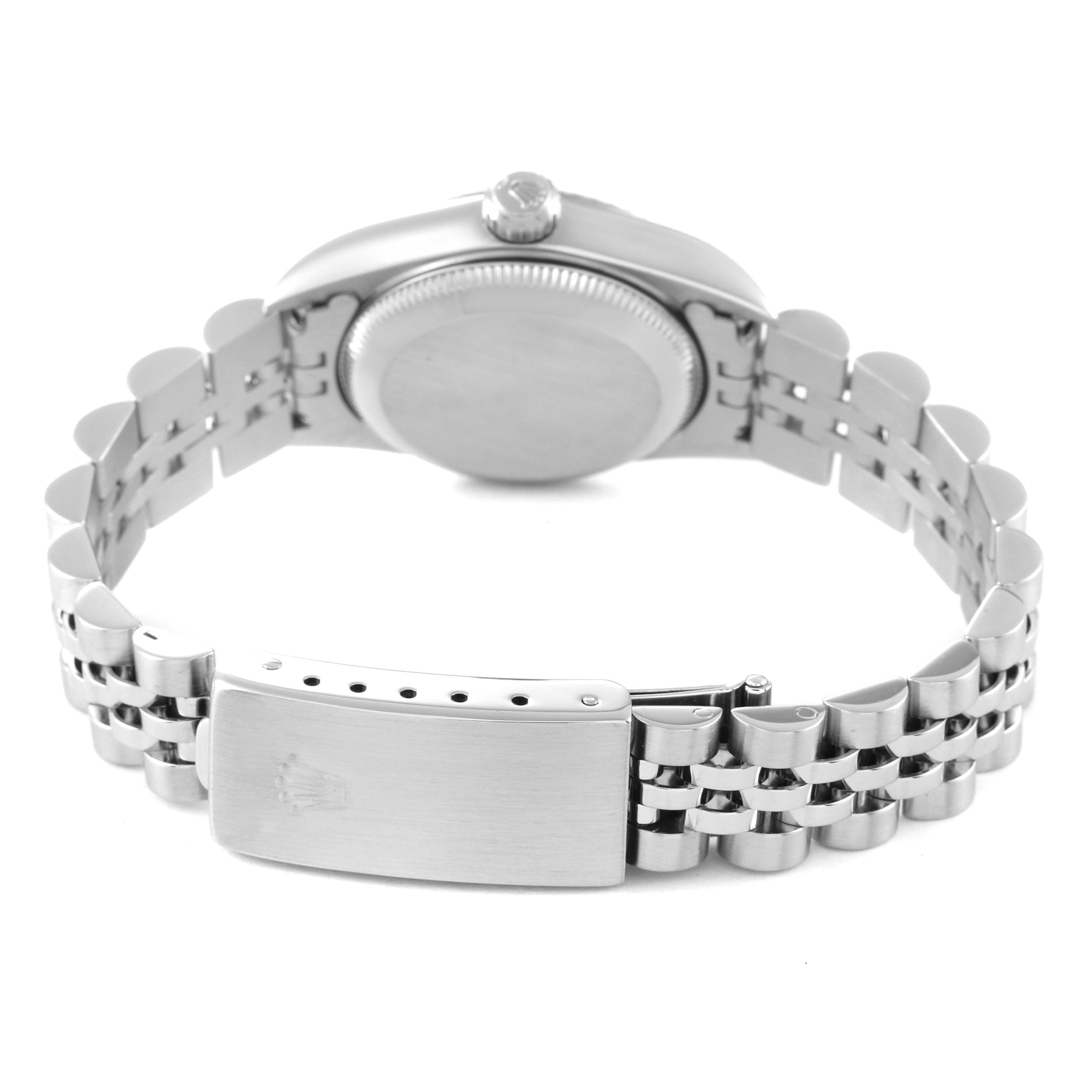 The image shows the back view of a Rolex Oyster Perpetual 76094 Women's Stainless Steel Black Dial 76094 Women's Stainless Steel Black Dial watch, highlighting the clasp, bracelet, crown, and case back.