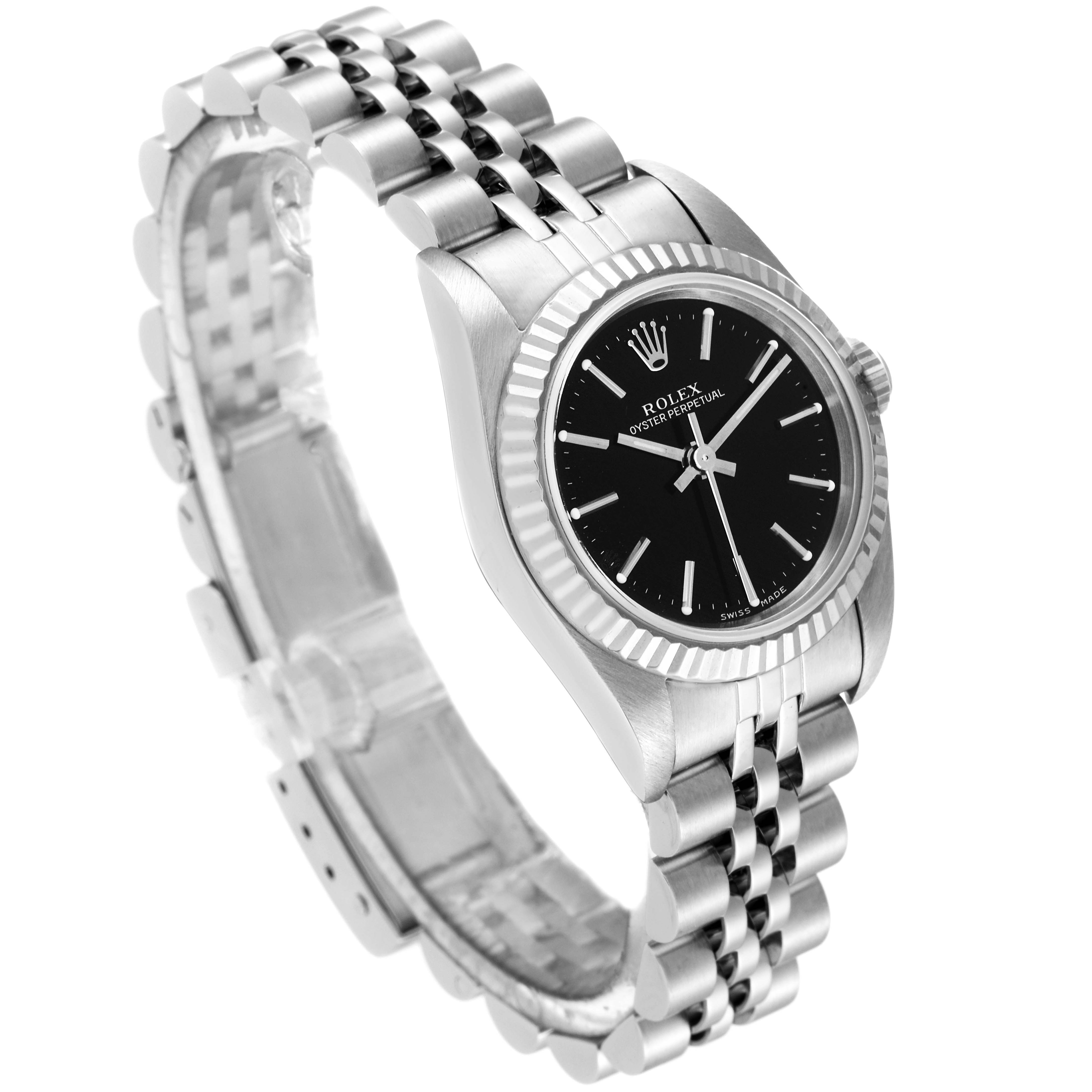 The image shows a Rolex Oyster Perpetual 76094 Women's Stainless Steel Black Dial 76094 Women's Stainless Steel Black Dial model watch angled slightly from the front, highlighting the dial, bezel, and bracelet.