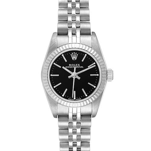 Photo of Rolex Oyster Perpetual Steel White Gold Black Dial Ladies Watch 76094 Papers