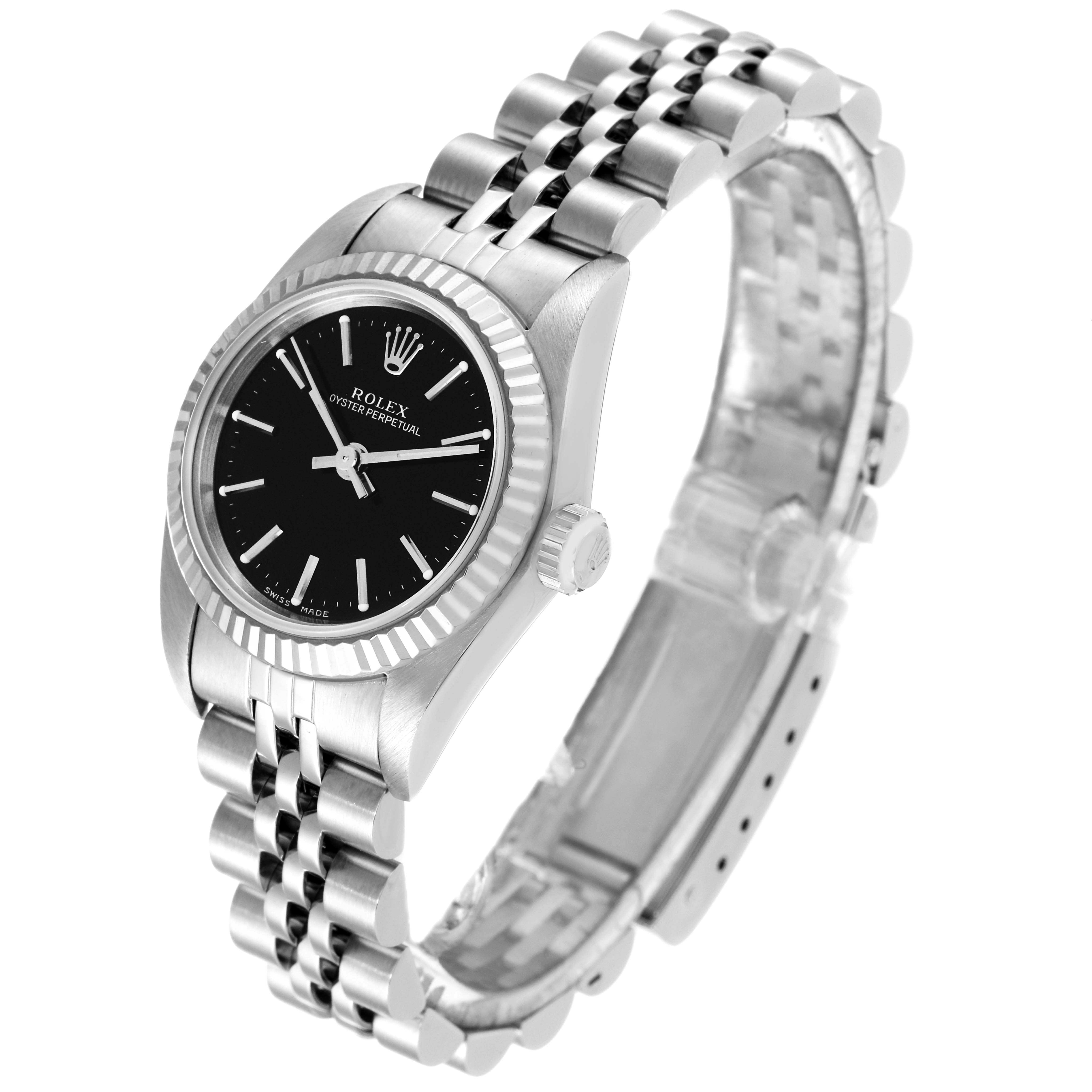 The image shows a Rolex Oyster Perpetual 76094 Women's Stainless Steel Black Dial 76094 Women's Stainless Steel Black Dial watch at a three-quarter angle, highlighting the bezel, dial, and bracelet.