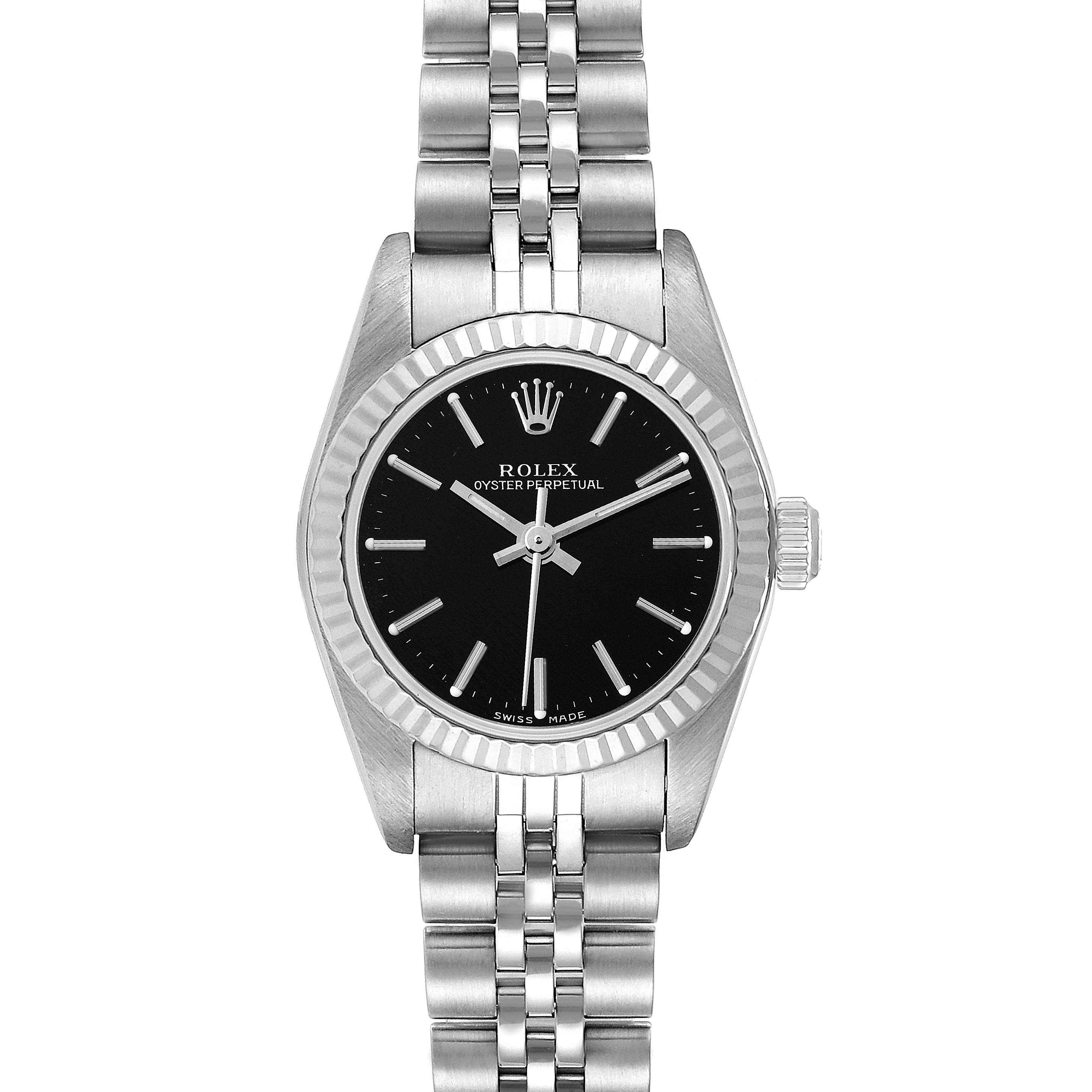 This image shows a front view of a Rolex Oyster Perpetual 76094 Women's Stainless Steel Black Dial 76094 Women's Stainless Steel Black Dial watch, highlighting the dial, bezel, and bracelet.