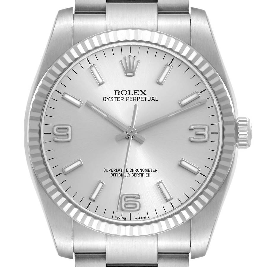 The image shows a frontal view of the Rolex Oyster Perpetual watch, including the dial, bezel, and part of the bracelet.